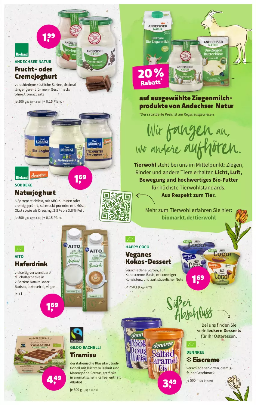 Aktueller Prospekt Denns Biomarkt - Prospekte - von 29.03 bis 11.04.2023 - strona 3 - produkty: alkohol, andechser natur, bio, creme, dennree, dessert, desserts, dressing, drink, eis, eiscreme, frucht, getränk, hafer, Haferdrink, joghur, joghurt, kaffee, kokos, mac, mascarpone, milch, müsli, natur, natura, naturjoghurt, obst, regal, reis, rind, rinder, rwe, söbbeke, Ti, Tiere, tiramisu, tisch