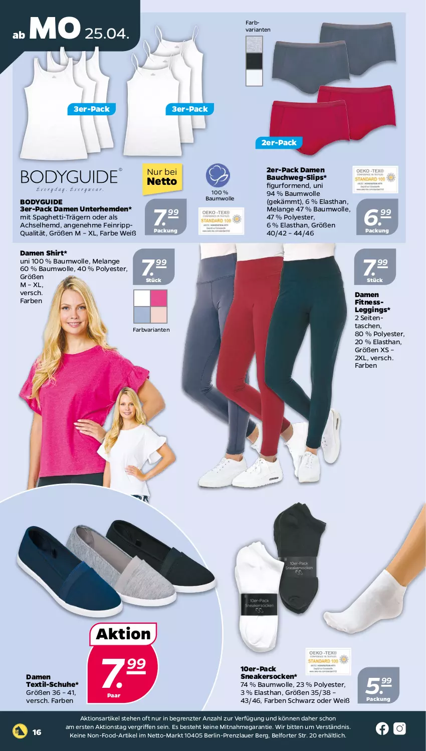 Aktueller Prospekt Netto - Angebote ab Montag - von 25.04 bis 01.05.2022 - strona 16 - produkty: achselhemd, auer, Bau, baumwolle, body, Elan, gin, hemd, hemden, leggings, Ria, schuhe, shirt, slip, slips, sneaker, sneakersocken, socken, spaghetti, Tasche, taschen, Ti, Unterhemd, unterhemden, wolle, ZTE