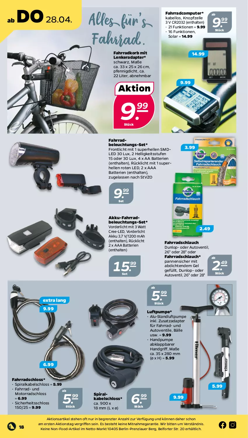 Aktueller Prospekt Netto - Angebote ab Montag - von 25.04 bis 01.05.2022 - strona 18 - produkty: adapter, akku, auer, auto, batterie, batterien, beleuchtung, computer, dunlop, elle, Fahrrad, Fahrradschloss, korb, pute, rücklicht, schlauch, Ti, ZTE