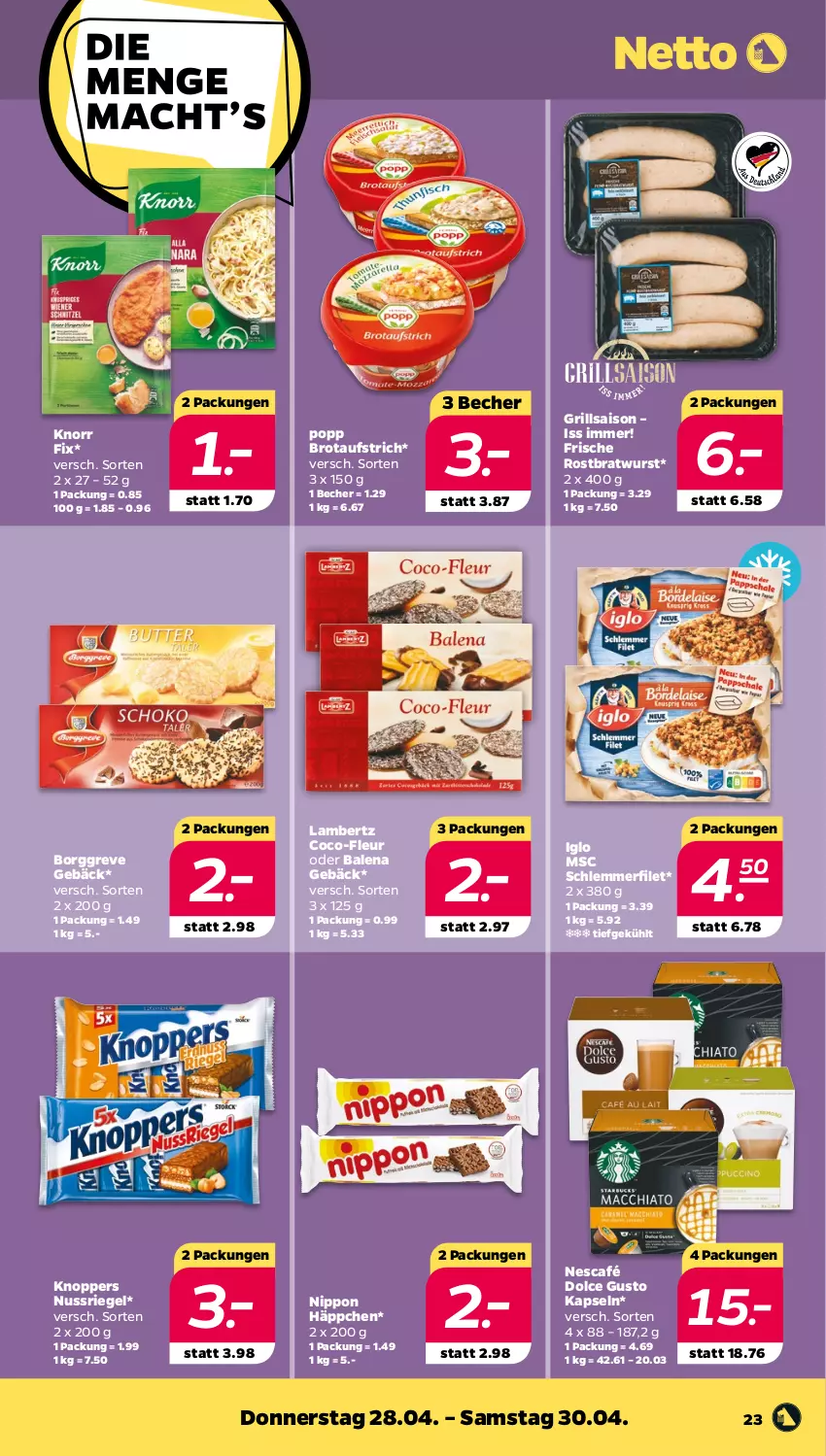 Aktueller Prospekt Netto - Angebote ab Montag - von 25.04 bis 01.05.2022 - strona 23 - produkty: Amber, aufstrich, Becher, bratwurst, brot, brotaufstrich, dolce gusto, filet, grill, iglo, knoppers, knorr, knorr fix, lambertz, Nescafé, nippon, nuss, nussriegel, Popp, riegel, rostbratwurst, schlemmerfilet, Ti, wurst