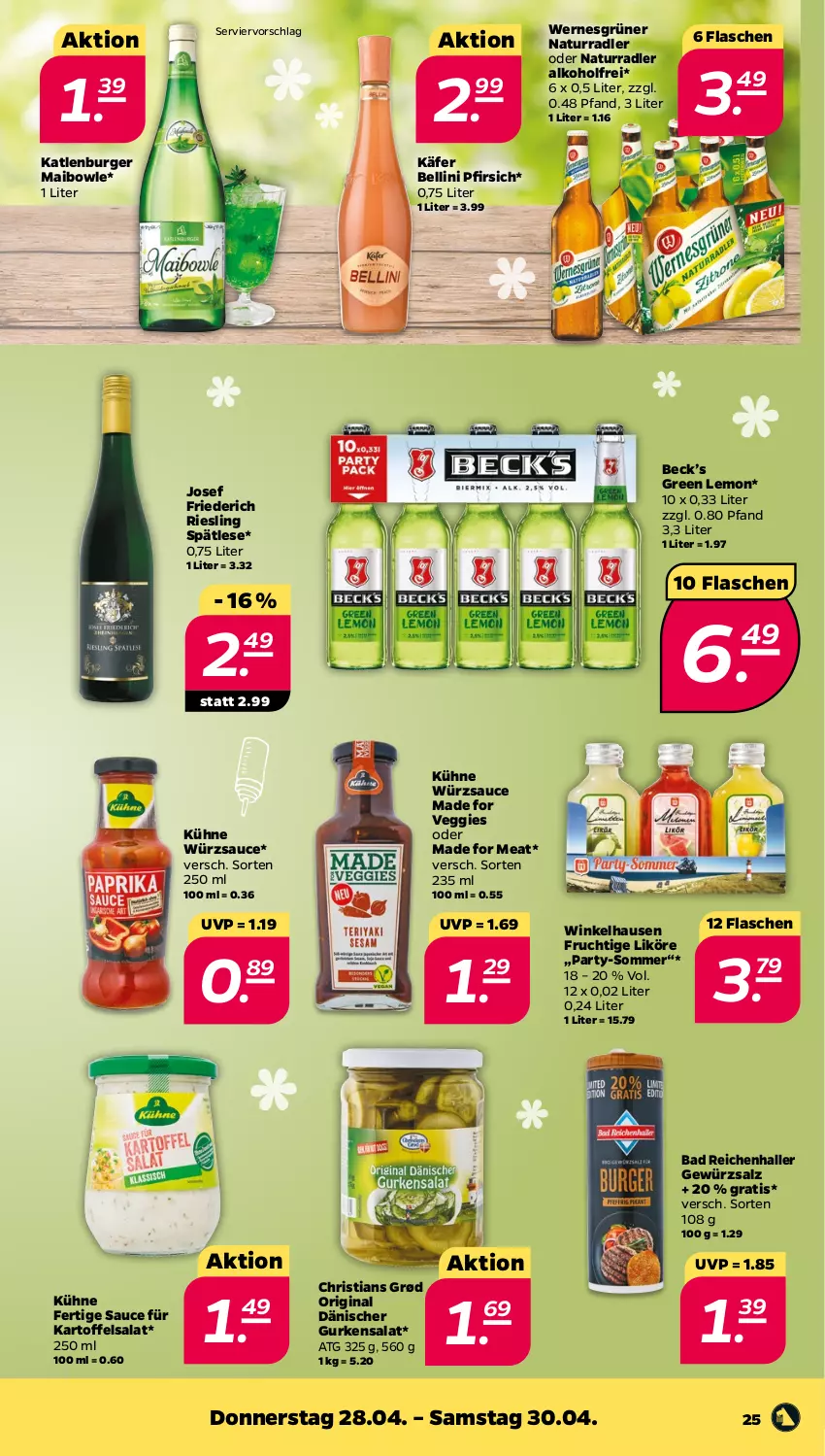 Aktueller Prospekt Netto - Angebote ab Montag - von 25.04 bis 01.05.2022 - strona 25 - produkty: alkohol, Bad, bowle, burger, flasche, frucht, gewürz, gewürzsalz, gin, gurke, gurken, gurkensalat, käfer, kartoffel, kartoffelsalat, katlenburger, Kühne, likör, natur, pfirsich, radler, riesling, salat, salz, sauce, Ti, veggie, winkelhausen, würzsauce