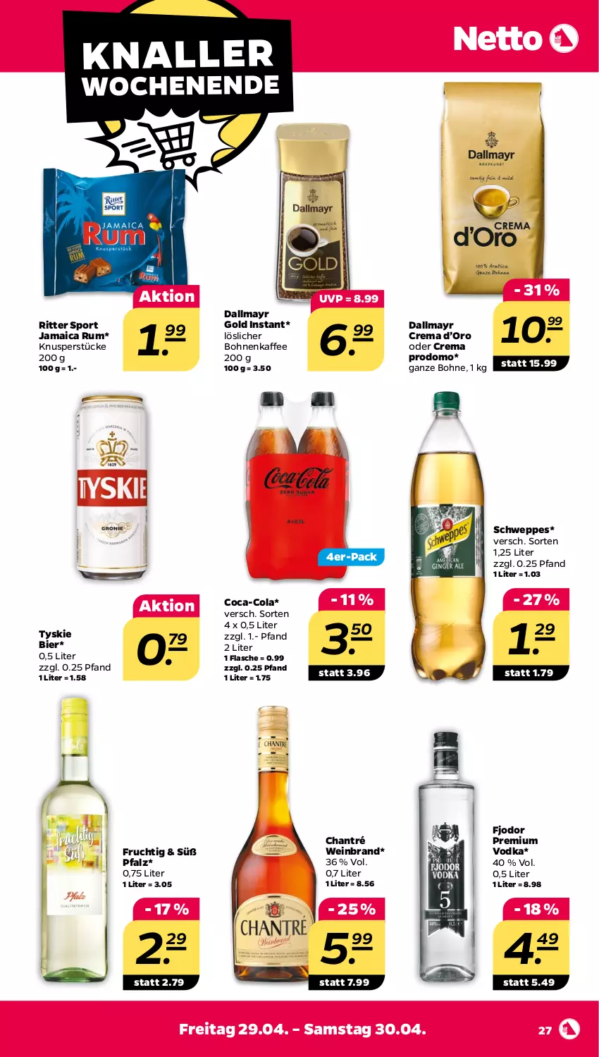 Aktueller Prospekt Netto - Angebote ab Montag - von 25.04 bis 01.05.2022 - strona 27 - produkty: bier, bohne, bohnen, bohnenkaffee, chantré, coca-cola, cola, dallmayr, dallmayr gold, flasche, frucht, kaffee, löslicher bohnenkaffee, premium vodka, prodomo, ritter, ritter sport, rum, schweppes, Sport, Ti, tyskie, vodka, wein, weinbrand