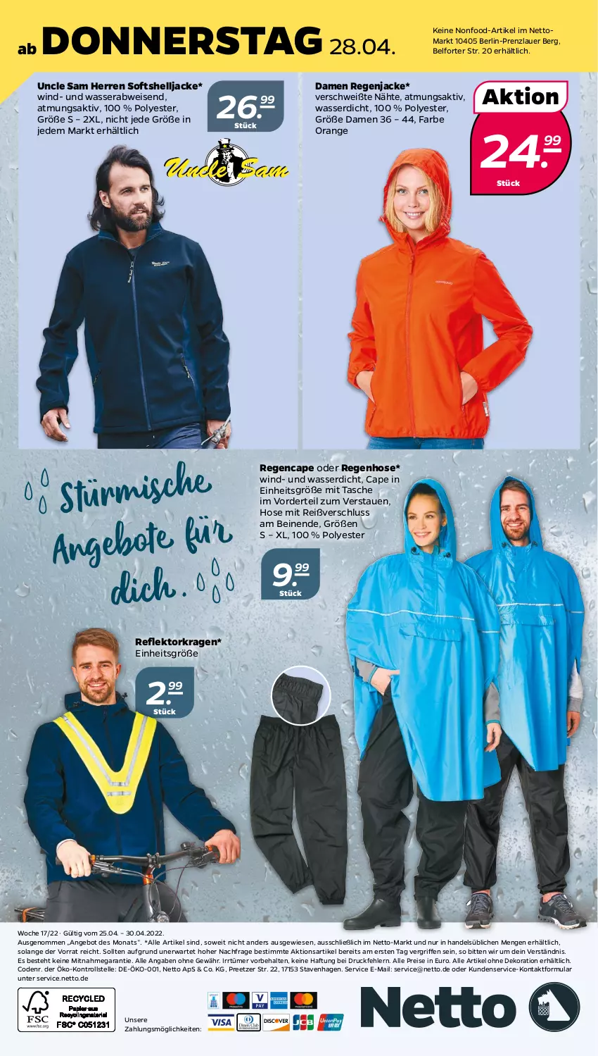 Aktueller Prospekt Netto - Angebote ab Montag - von 25.04 bis 01.05.2022 - strona 28 - produkty: alle artikel ohne dekoration, angebot, auer, Cap, dekoration, eis, elle, hose, Jacke, orange, reis, Tasche, Ti, wasser