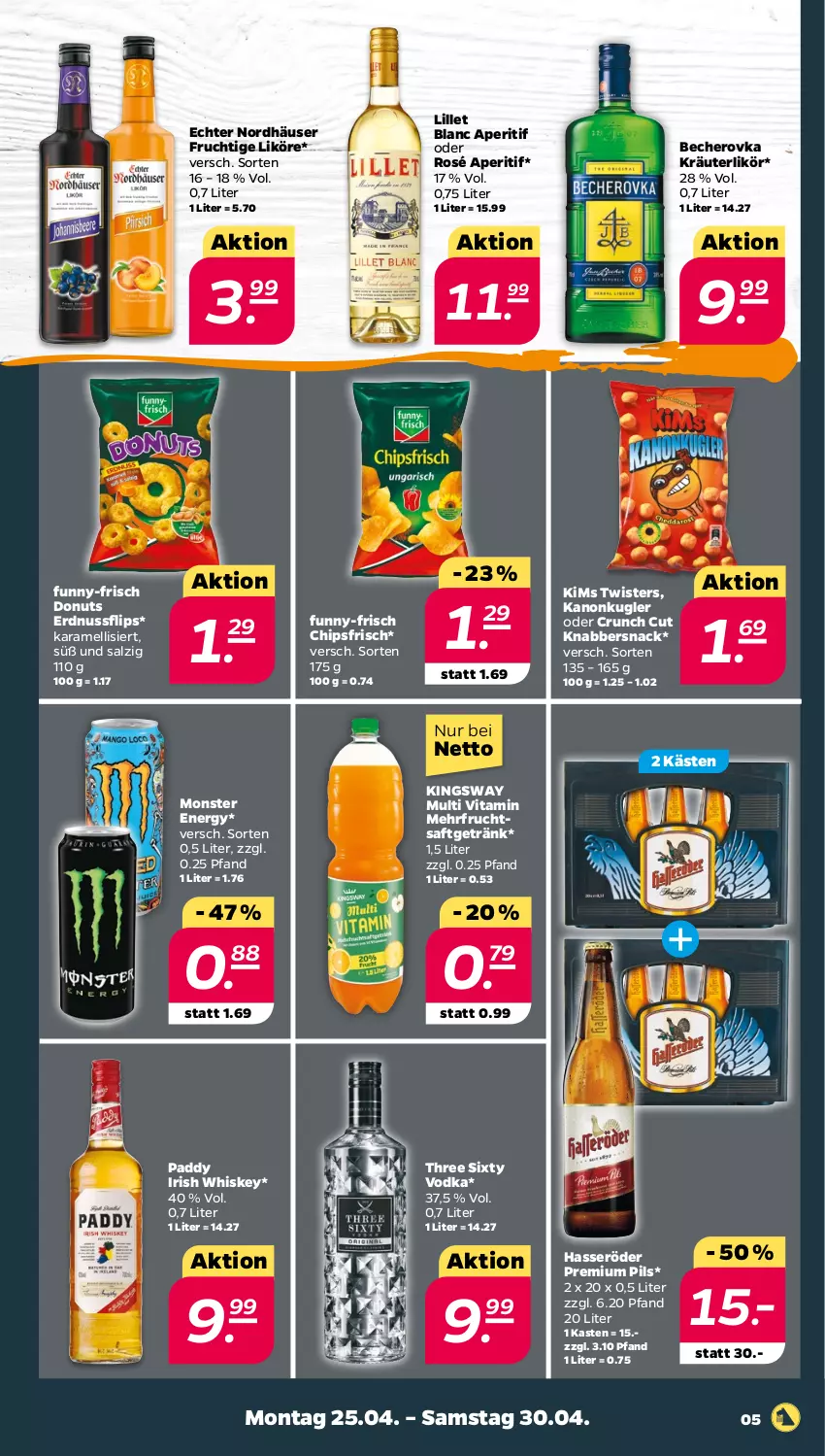 Aktueller Prospekt Netto - Angebote ab Montag - von 25.04 bis 01.05.2022 - strona 5 - produkty: aperitif, Becher, Becherovka, chips, chipsfrisch, Donut, donuts, erdnuss, frucht, fruchtsaft, fruchtsaftgetränk, funny-frisch, getränk, gsw, hasseröder, hero, irish whiskey, karamell, KnabberSnack, kräuter, kräuterlikör, likör, lillet, monster, Monster Energy, nuss, pils, premium pils, saft, salz, snack, Three Sixty, Ti, vita, vodka, whiskey