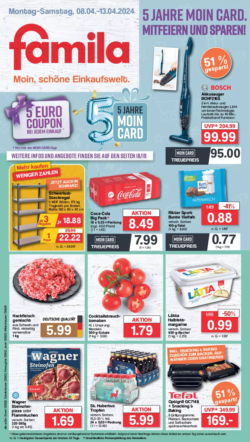 Aktueller Prospekt Famila - Prospekte - von 08.04 bis 13.04.2024 - strona 1 - produkty: akku, angebot, angebote, Becher, coca-cola, cocktail, cocktails, cola, Eckregal, eier, eis, elle, flammkuchen, fleisch, grill, hackfleisch, hackfleisch gemischt, halbfettmargarine, handstaubsauger, jever, kraft, kuchen, lamm, lätta, latte, margarine, Ofen, pizza, Rauch, regal, reis, rind, ritter, ritter sport, rwe, saft, Schal, Schale, schwein, schwein und rind, snack, Sport, spülmaschinen, staubsauger, steckregal, steinofen, strauchtomaten, teller, Ti, tomate, tomaten, wagner, wein, Wild, ZTE