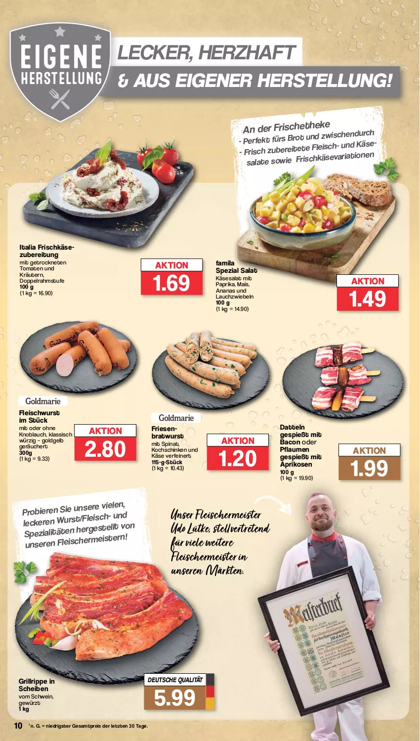 Aktueller Prospekt Famila - Prospekte - von 08.04 bis 13.04.2024 - strona 10 - produkty: ananas, aprikose, aprikosen, bacon, bier, Biere, bratwurst, brot, Datteln, doppelrahmstufe, eis, fleisch, fleischwurst, frischkäse, frischkäsezubereitung, gewürz, grill, grillrippe, Käse, knoblauch, kochschinken, kräuter, kräutern, Lauchzwiebel, lauchzwiebeln, mais, Meister, mit oder ohne knoblauch, mit paprika, paprika, pflaume, pflaumen, reis, Ria, salat, salate, schinken, schwein, Spezi, spinat, Ti, tomate, tomaten, wein, wurst, ZTE, zwiebel, zwiebeln