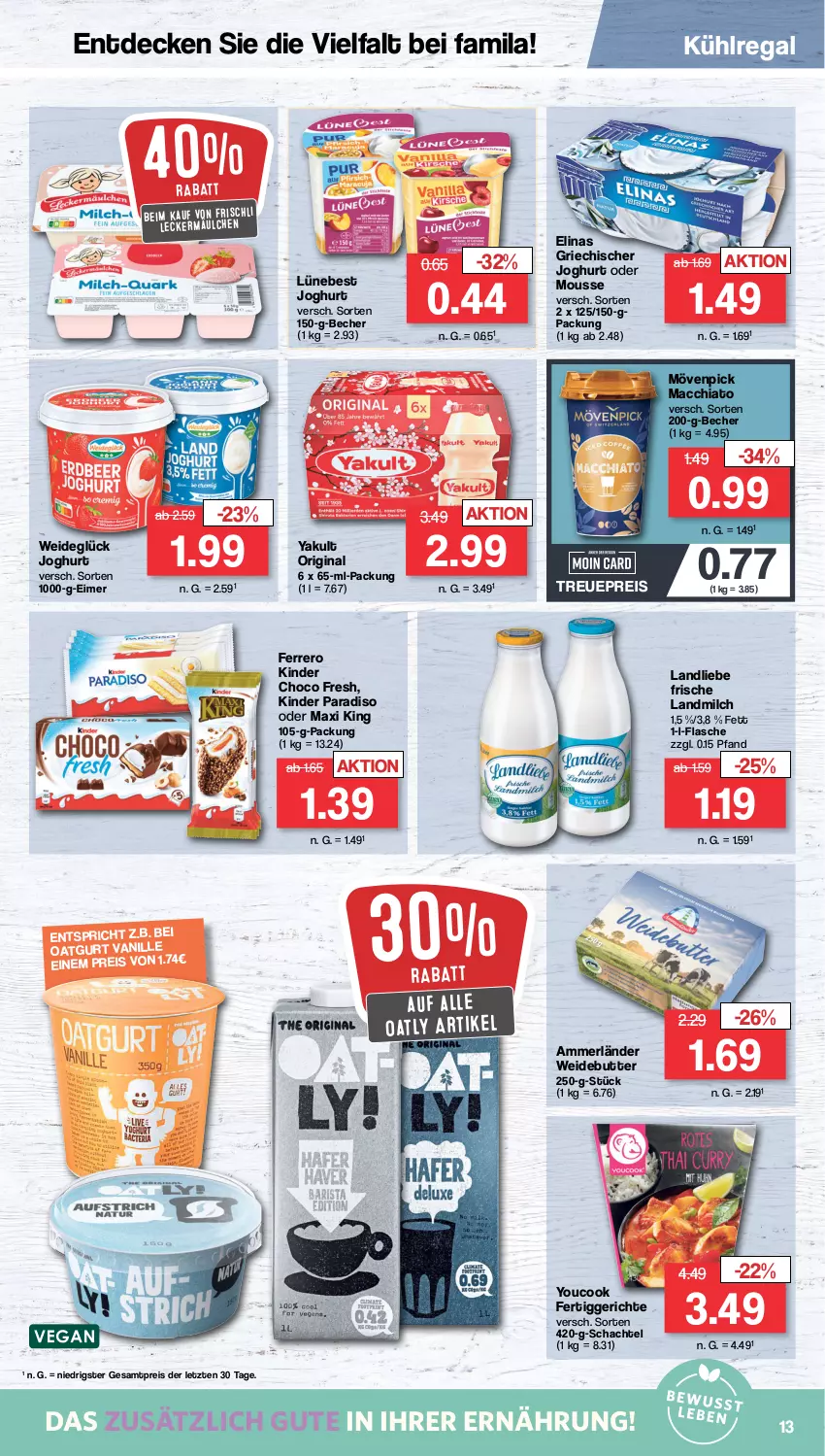 Aktueller Prospekt Famila - Prospekte - von 08.04 bis 13.04.2024 - strona 13 - produkty: ACC, ammerländer, Becher, butter, chia, choco fresh, decke, eimer, eis, elinas, ferrero, fertiggericht, fertiggerichte, flasche, frischli, gin, Griechischer Joghurt, joghur, joghurt, Kinder, Kinder Choco fresh, kühlregal, landliebe, landmilch, leckermäulchen, mac, macchiato, merl, milch, mousse, mövenpick, regal, reis, Ti, vanille, Yo, YouCook, ZTE