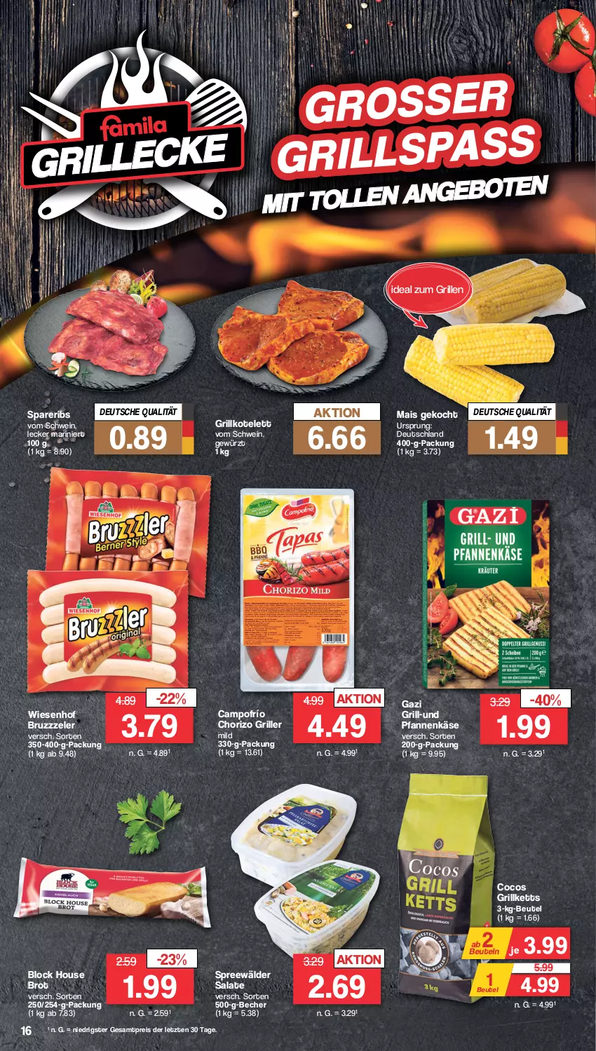 Aktueller Prospekt Famila - Prospekte - von 08.04 bis 13.04.2024 - strona 16 - produkty: Becher, beutel, brot, chorizo, cocos, eis, gewürz, grill, grillkotelett, ideal zum grillen, Käse, kotelett, mais, pfanne, pfannen, pfannenkäse, reis, salat, salate, schwein, spareribs, spreewälder, Ti, und pfanne, wein, wiesenhof, ZTE