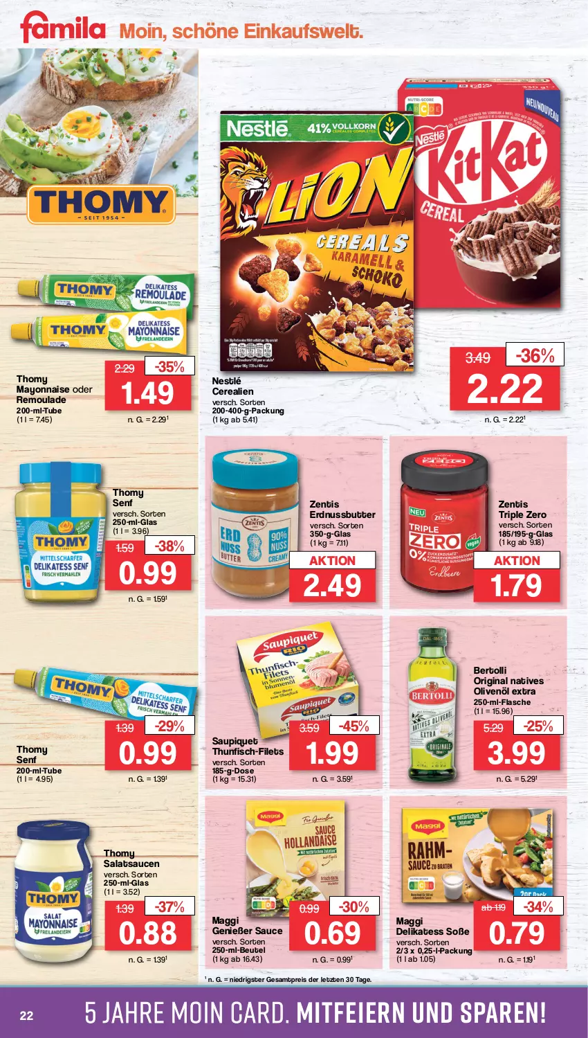 Aktueller Prospekt Famila - Prospekte - von 08.04 bis 13.04.2024 - strona 22 - produkty: bertolli, beutel, butter, cerealien, eier, eis, erdnuss, Erdnussbutter, filet, filets, fisch, flasche, gin, maggi, mayonnaise, natives olivenöl, nestlé, nuss, olive, oliven, olivenöl, olivenöl extra, reis, remoulade, salat, salatsauce, sauce, saucen, saupiquet, senf, Soße, thomy, thunfisch, Ti, Yo, zentis, ZTE