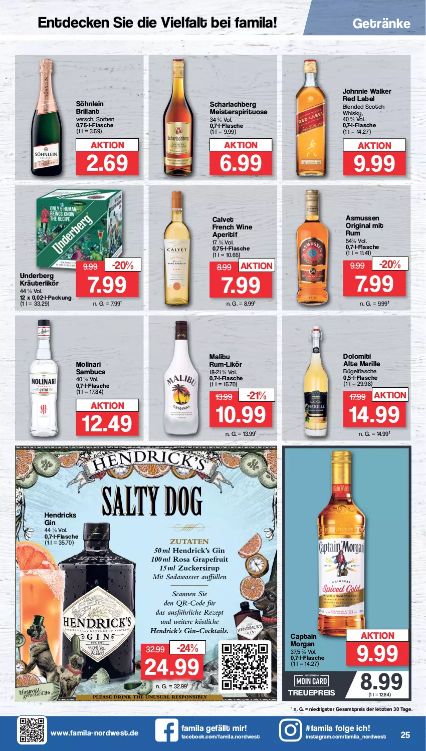 Aktueller Prospekt Famila - Prospekte - von 08.04 bis 13.04.2024 - strona 25 - produkty: aperitif, arla, blended scotch, blended scotch whisky, bügel, bügelflasche, Cap, captain morgan, decke, eis, flasche, getränk, getränke, gin, johnnie walker, kräuter, kräuterlikör, LG, likör, Malibu, Meister, Molinari, reis, rum, sambuca, scotch, scotch whisky, söhnlein, söhnlein brillant, Ti, underberg, whisky, ZTE