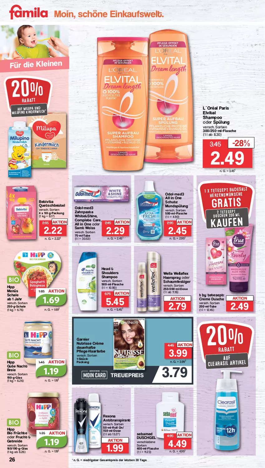 Aktueller Prospekt Famila - Prospekte - von 08.04 bis 13.04.2024 - strona 26 - produkty: Antitranspirant, auer, Bad, bebivita, beutel, bio, Brei, creme, dusche, duschgel, eis, elvital, flasche, frucht, früchte, garnier, haarspray, hipp, Kinder, kindermilch, L´Oréal, leine, milch, milupa, mundspülung, Nutrisse, oder schaumfestiger, Odol, pasta, quetschbeutel, reis, rexona, salz, Schal, Schale, schaumfestiger, sebamed, shampoo, shampoo oder spülung, spülung, Ti, vita, Wella, wellaflex, zahnpasta, ZTE