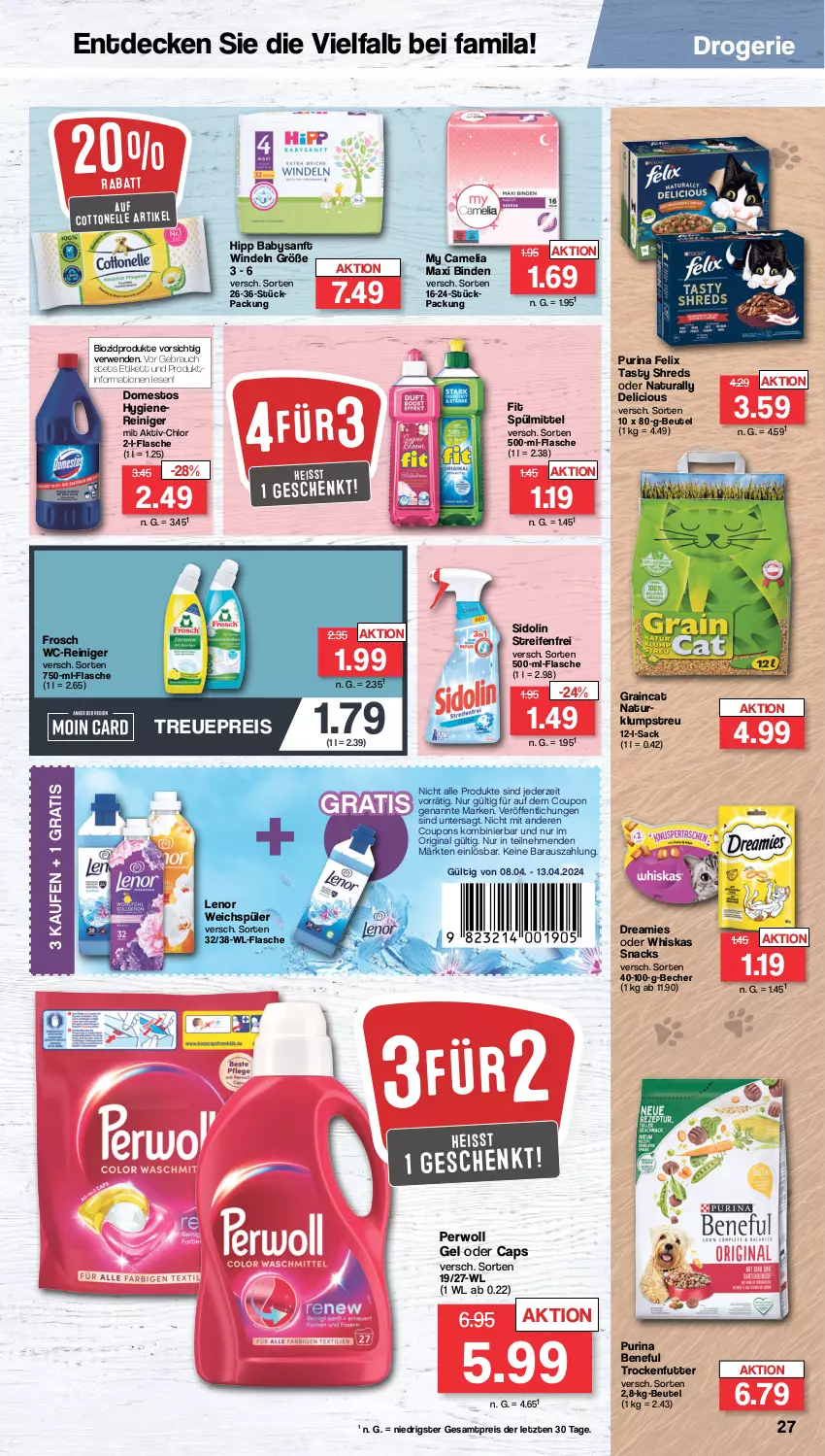 Aktueller Prospekt Famila - Prospekte - von 08.04 bis 13.04.2024 - strona 27 - produkty: Becher, beutel, binden, bio, biozidprodukte, camelia, Cap, cottonelle, coupon, coupons, decke, domestos, dreamies, eis, elle, felix, flasche, Frosch, gin, hipp, klumpstreu, lenor, lenor weichspüler, natur, natura, perwoll, purina, Rauch, reifen, reiniger, reis, rwe, sac, sidolin, snack, snacks, spülmittel, Ti, trockenfutter, wc-reiniger, weichspüler, whiskas, windeln, ZTE