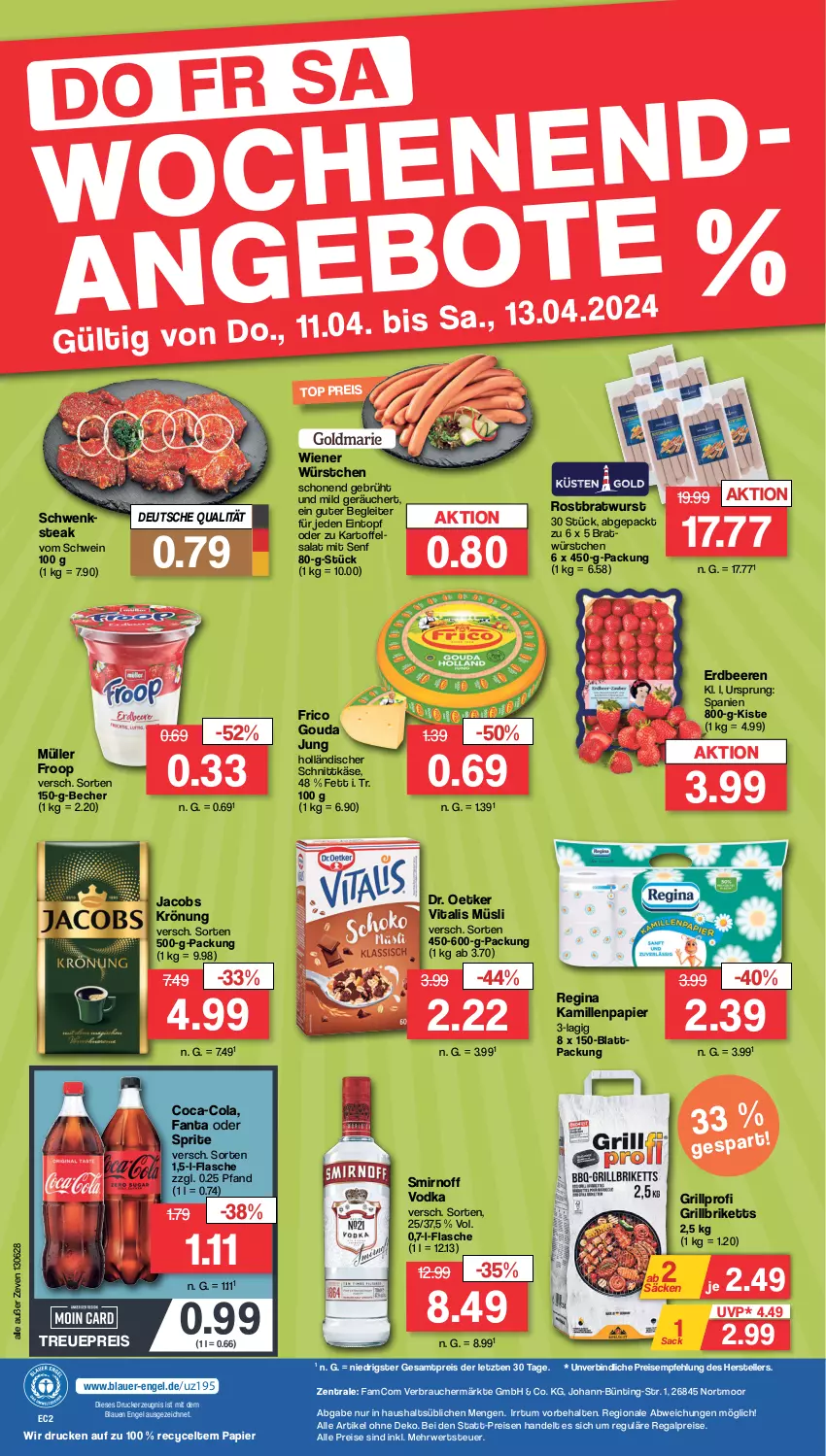 Aktueller Prospekt Famila - Prospekte - von 08.04 bis 13.04.2024 - strona 36 - produkty: auer, Becher, beere, beeren, bratwurst, briketts, coca-cola, cola, Dr. Oetker, drucker, eintopf, eis, elle, Engel, erdbeere, erdbeeren, fanta, fanta oder, fanta oder sprite, flasche, frico, froop, gin, gouda, gouda jung, grill, grillbriketts, holländischer schnittkäse, jacobs, jacobs krönung, Kamill, kamille, kartoffel, kartoffelsalat, Käse, kerze, Müller, müller froop, müsli, oder sprite, papier, Rauch, regal, reis, rostbratwurst, rwe, sac, salat, schnittkäse, schwein, senf, smirnoff, sprite, steak, teller, Ti, topf, vita, vitalis, vitalis müsli, vodka, wein, wiener, wiener würstchen, wurst, würstchen, ZTE