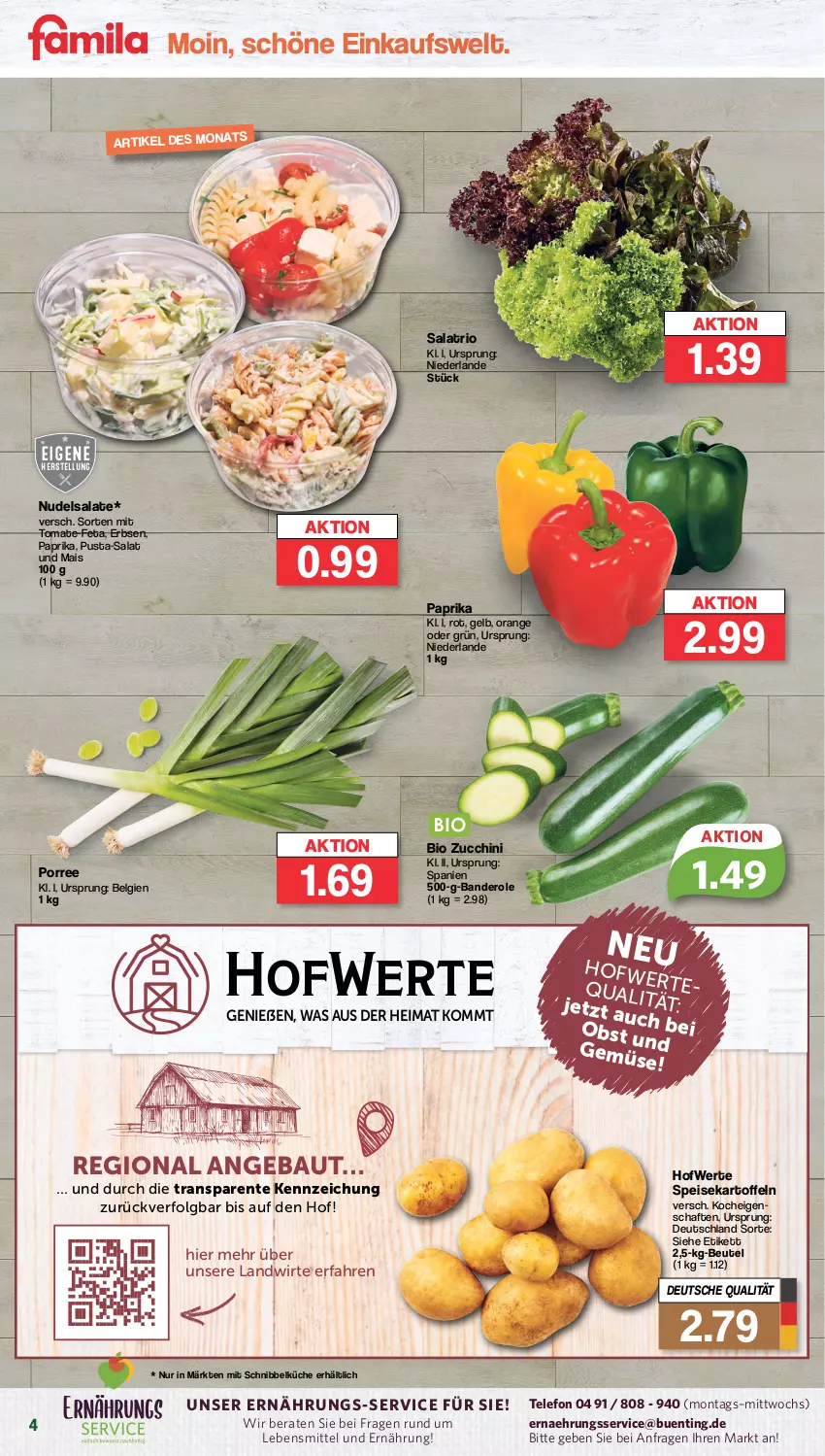 Aktueller Prospekt Famila - Prospekte - von 08.04 bis 13.04.2024 - strona 4 - produkty: Bau, beutel, bio, eis, ente, erbsen, feta, kartoffel, kartoffeln, küche, lebensmittel, LG, mais, nudel, nudelsalat, obst, orange, paprika, salat, salate, speisekartoffeln, telefon, Ti, tomate, zucchini