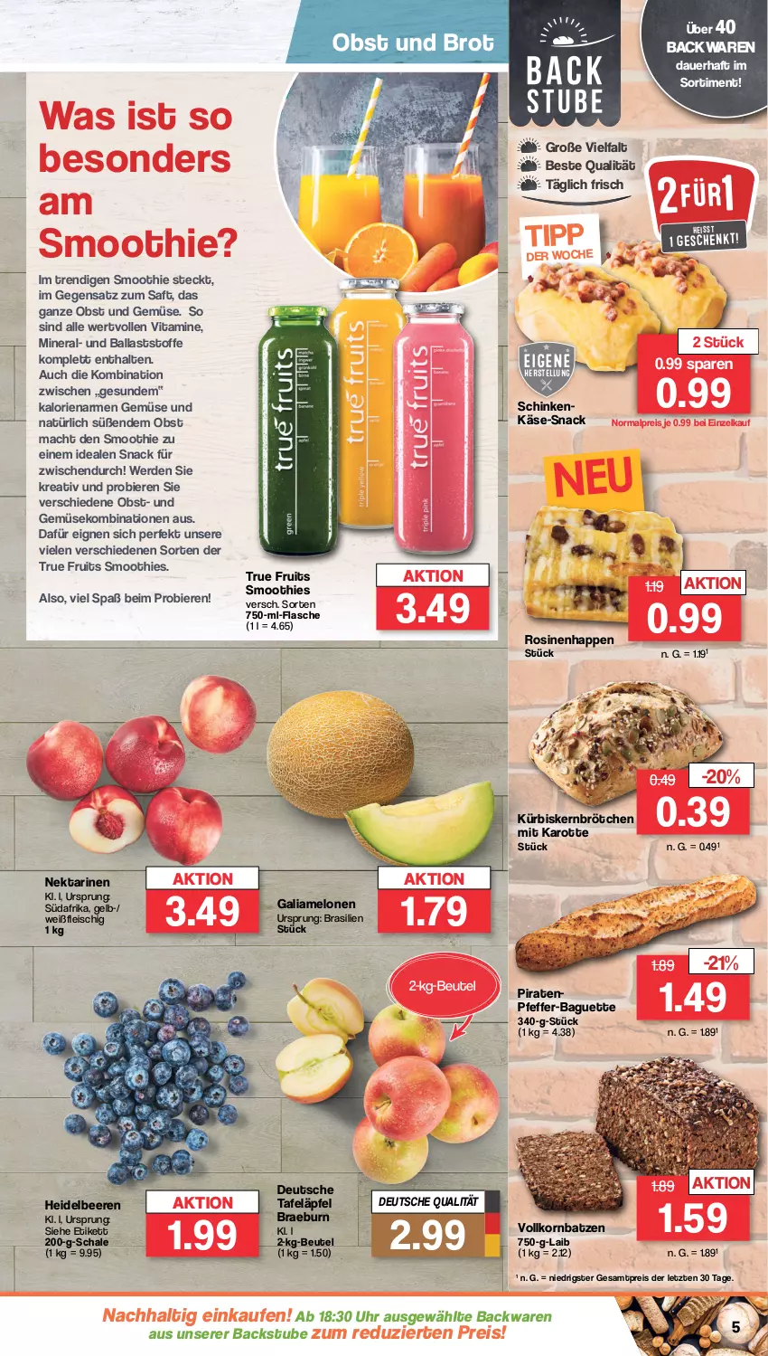 Aktueller Prospekt Famila - Prospekte - von 08.04 bis 13.04.2024 - strona 5 - produkty: auer, backwaren, baguette, ball, beere, beeren, beutel, bier, Biere, brot, brötchen, eis, erde, flasche, fleisch, galiamelone, heidelbeere, heidelbeeren, Käse, korn, Kürbis, Kürbiskernbrötchen, mac, melone, melonen, Nektar, nektarinen, obst, Obst und Gemüse, pfeffer, reis, saft, Schal, Schale, schinken, smoothie, smoothies, snack, stube, tafeläpfel, Ti, true fruits, uhr, und gemüse, vita, Vitamine, ZTE