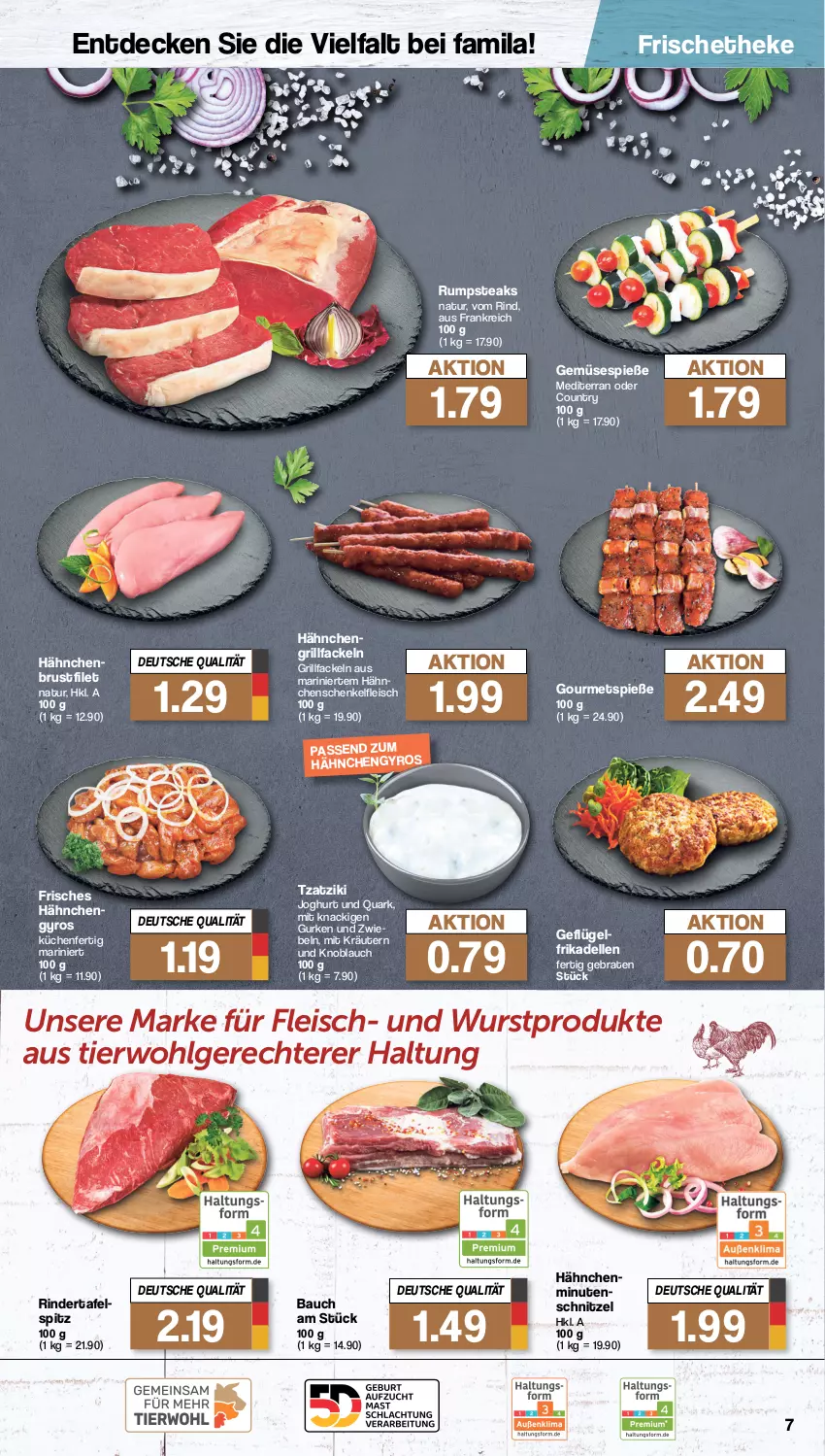 Aktueller Prospekt Famila - Prospekte - von 08.04 bis 13.04.2024 - strona 7 - produkty: Bau, braten, brustfilet, decke, dell, eis, elle, filet, fleisch, frikadellen, Geflügel, grill, grillfackeln, gurke, gurken, gyros, hähnchenbrust, hähnchenbrustfilet, Hähnchengyros, hähnchenschenkel, henkel, joghur, joghurt, knoblauch, kräuter, kräutern, küche, Küchen, LG, minutenschnitzel, natur, quark, rind, rinder, rum, rumpsteak, schenkel, schnitzel, steak, steaks, tafelspitz, Ti, tzatziki, wurst, zwiebel, zwiebeln