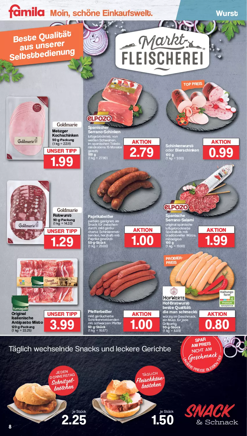 Aktueller Prospekt Famila - Prospekte - von 08.04 bis 13.04.2024 - strona 8 - produkty: bier, bierschinken, bratwurst, brötchen, eis, elle, fleisch, gewürz, gin, grill, kochschinken, LG, mac, Mett, metten, Mettenden, mit paprika, paprika, pfeffer, Pfefferbeißer, reis, Rotwurst, salami, schinken, schinkenwurst, schnitzel, schwein, schweine, serrano, snack, snacks, Spezi, Ti, wein, weine, wurst