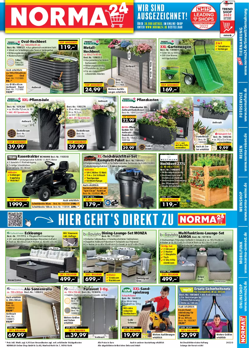 Aktueller Prospekt Norma - Norma - von 02.06 bis 19.06.2022 - strona 1 - produkty: angebot, Anhänger, Bau, braun, Brei, creme, eis, fisch, Garten, glasplatte, hocker, Holz, HP, kissen, kraft, lachs, latte, LG, lounge-set, ndk, Paravent, Pflanzkasten, rasen, Rasentraktor, Reinigung, reis, Rückenkissen, rwe, Sandspielzeug, schlauch, sessel, sitzkissen, spielzeug, Ti, Tiere, tiernahrung, tisch, tischplatte, Trampolin, Wanne, wein, weine, weinshop