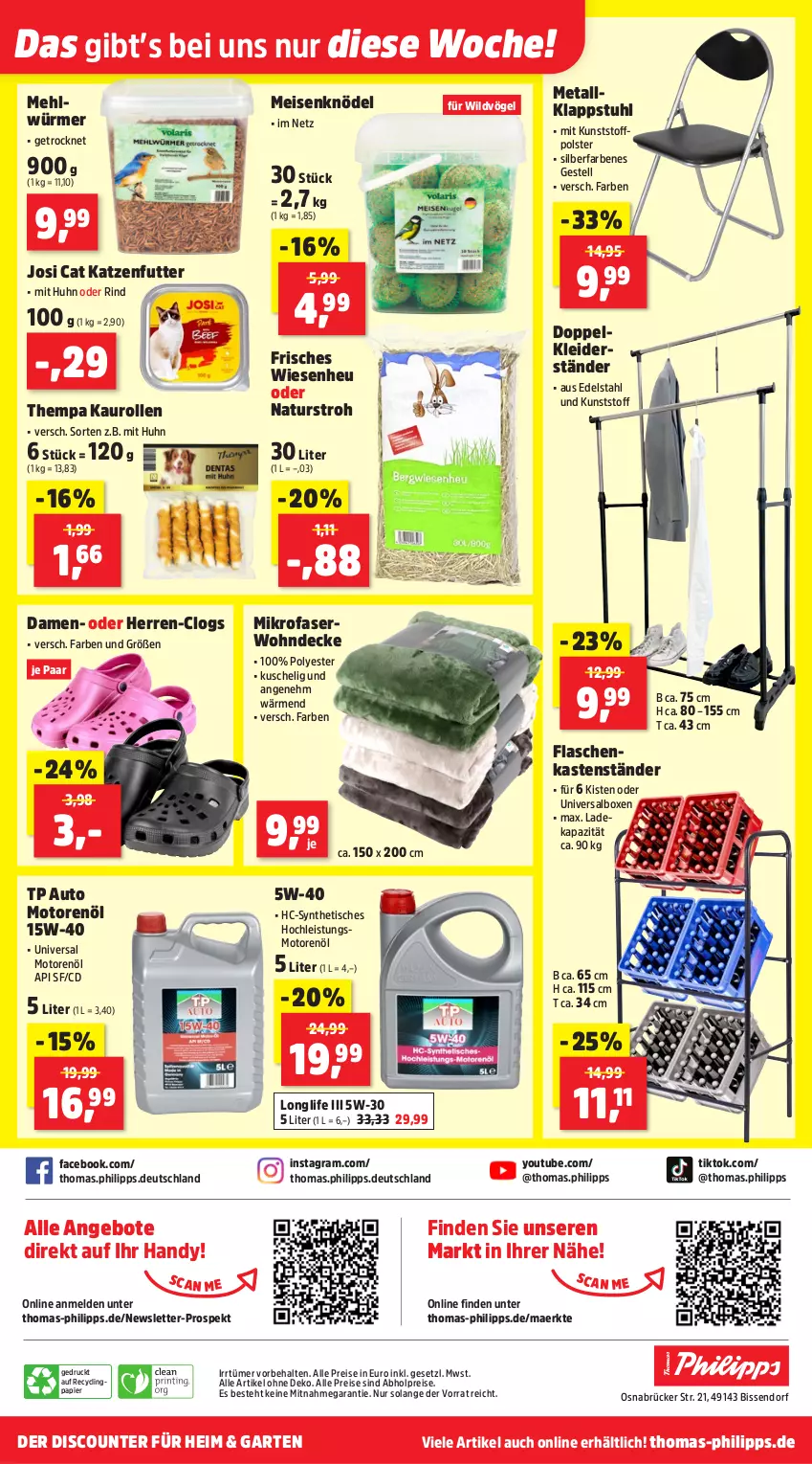 Aktueller Prospekt Thomas Philipps - von 23.02 bis 28.02.2026 - strona 15 - produkty: abholpreise, alle preise sind abholpreise, angebot, angebote, auto, Auto Moto, Clin, Clogs, decke, deka, discount, edelstahl, eis, flasche, Garten, Handy, Heu, katzenfutter, klappstuhl, kleid, kleider, Kleiderständer, Knödel, longlife, mehl, Meisenknödel, mikrofaser, motorenöl, natur, papier, reis, rind, stuhl, Ti, tisch, Wild, Yo