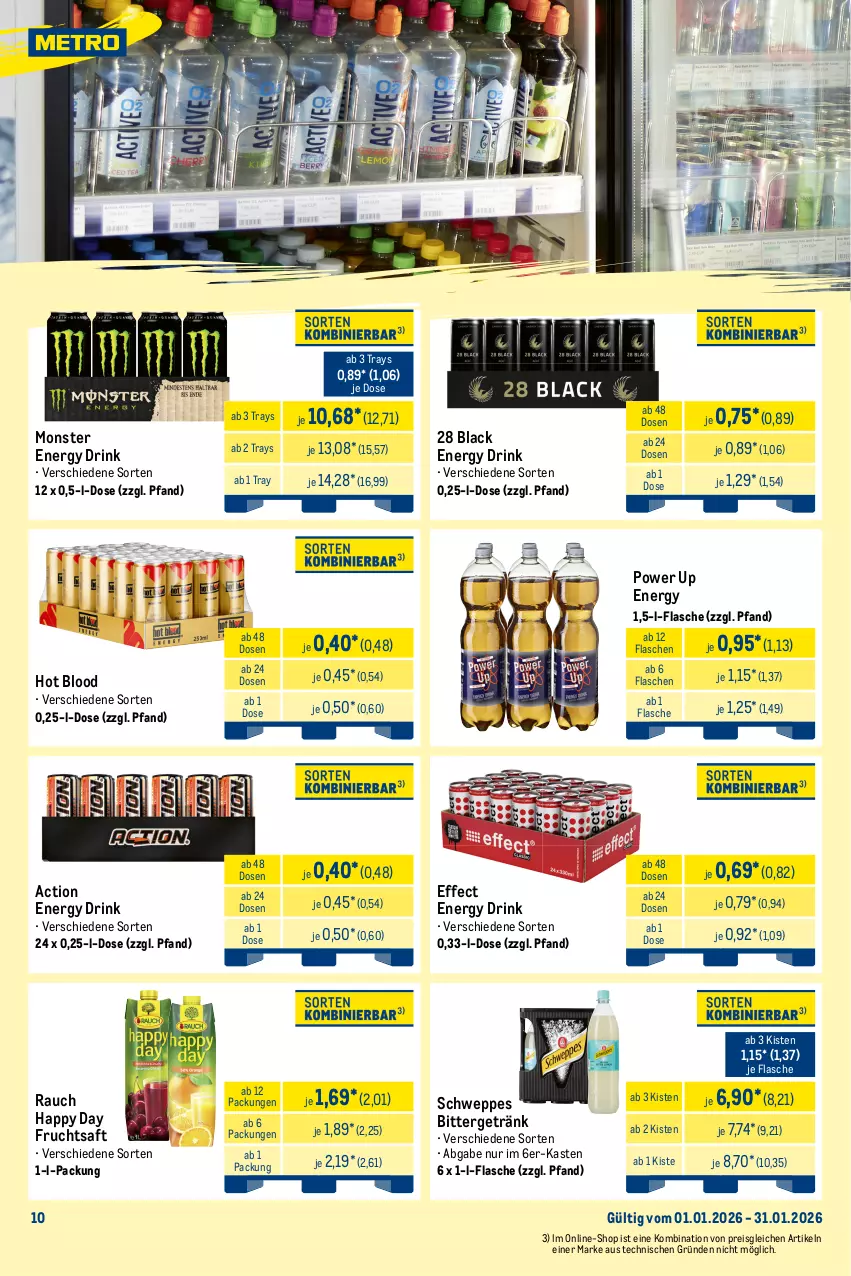 Aktueller Prospekt Metro - Monats-Mix - von 01.01 bis 31.01.2026 - strona 10 - produkty: Alwa, brunnen, drink, Effect, eis, eiskaffee, energy drink, flasche, frucht, fruchtsaft, gerolsteine, gerolsteiner, getränk, Happy Day, hochwald, kaffee, kakao, lack, milch, mineralwasser, monster, Monster Energy, Rauch, reis, saft, schweppes, steiner, Ti, vita, volvic, wasser