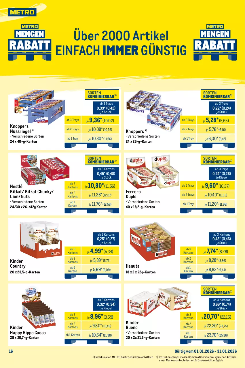 Aktueller Prospekt Metro - Monats-Mix - von 01.01 bis 31.01.2026 - strona 16 - produkty: Becher, beutel, decke, Deckel, duplo, eis, ferrero, hanuta, hipp, kaffee, Kinder, kinder bueno, kinder country, kitkat, knoppers, lion, Metro, metro gastro, nestlé, nuss, nussriegel, reis, riegel, sahne, Ti, tiefpreis, zucker