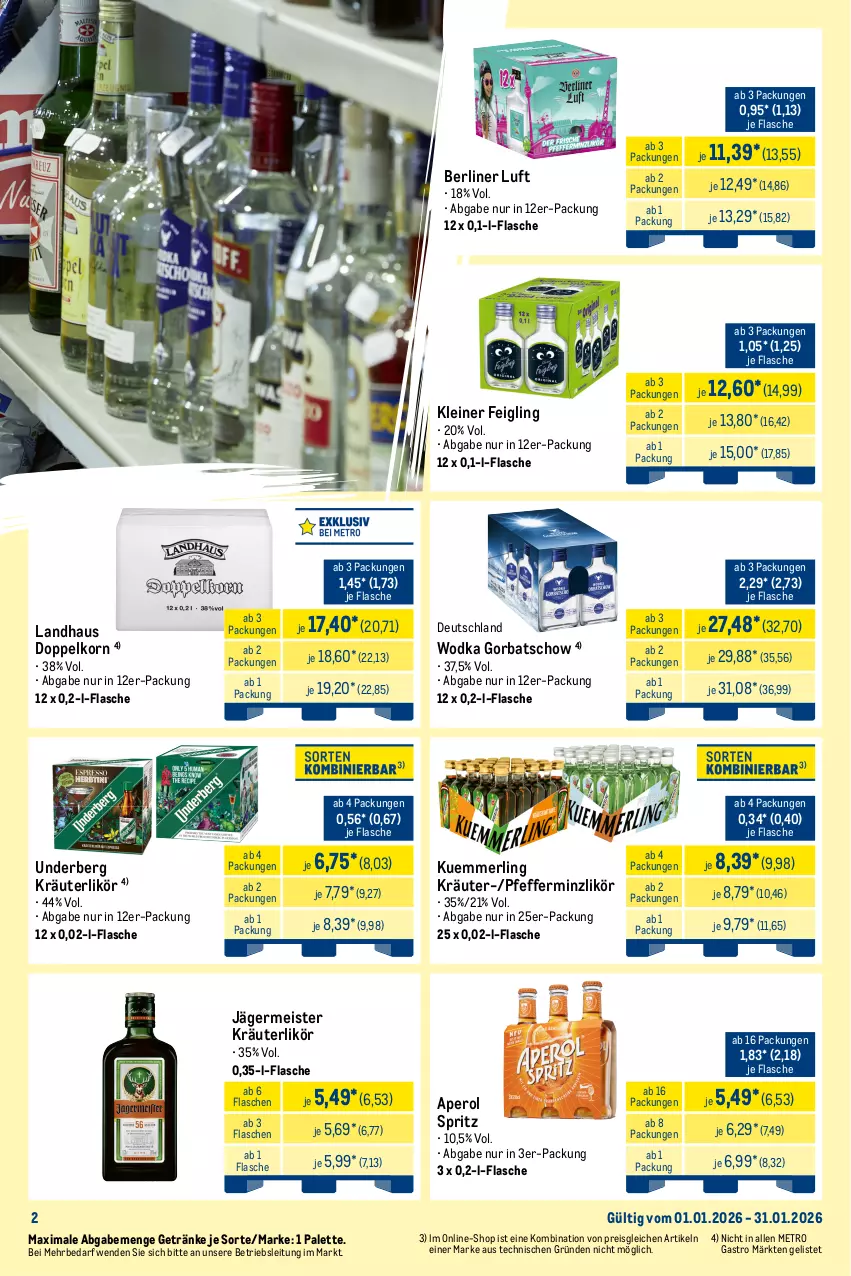 Aktueller Prospekt Metro - Monats-Mix - von 01.01 bis 31.01.2026 - strona 2 - produkty: angebot, aperol, berliner, berliner luft, bombay sapphire, doppelkorn, drink, eis, energy drink, fever-tree, flasche, Germ, getränk, getränke, Gorbatschow, jägermeister, johnnie walker, kleiner feigling, korn, kräuter, kräuterlikör, kuemmerling, leine, likör, Meister, merl, Metro, metro gastro, Palette, pfeffer, pfefferminzlikör, reis, sapphire, Ti, underberg, wodka