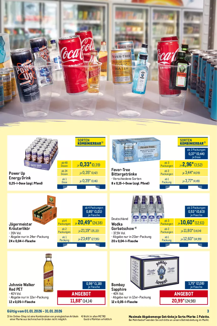 Aktueller Prospekt Metro - Monats-Mix - von 01.01 bis 31.01.2026 - strona 3 - produkty: angebot, aperol, berliner, berliner luft, bombay sapphire, doppelkorn, drink, eis, energy drink, fever-tree, flasche, Germ, getränk, getränke, Gorbatschow, jägermeister, johnnie walker, kleiner feigling, korn, kräuter, kräuterlikör, kuemmerling, leine, likör, Meister, merl, Metro, metro gastro, Palette, pfeffer, pfefferminzlikör, reis, sapphire, Ti, underberg, wodka