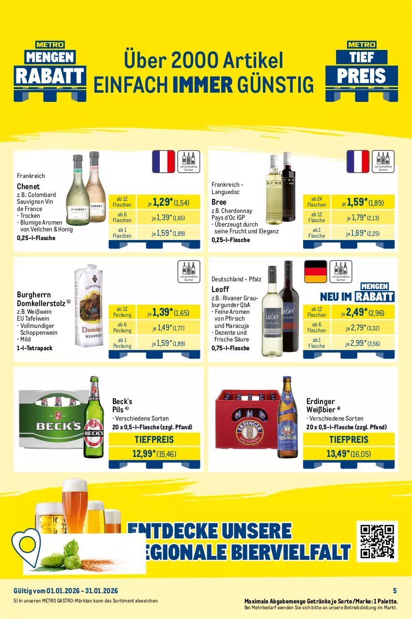 Aktueller Prospekt Metro - Monats-Mix - von 01.01 bis 31.01.2026 - strona 5 - produkty: bacardi, bier, bree, burgunder, chardonnay, cola, decke, eis, elle, ente, erdinger, flasche, frucht, getränk, getränke, gin, Gorbatschow, gordon, gordons, grauburgunder, Havana Club, honig, jack daniel, jim beam, limette, maracuja, melone, Metro, metro gastro, Mett, mojito, Palette, pfirsich, pils, raspberry, reis, Rivaner, sauvignon, smirnoff, sprite, Ti, tiefpreis, tonic, vin de france, wasser, wassermelone, wein, Weißwein, wodka, zitrone