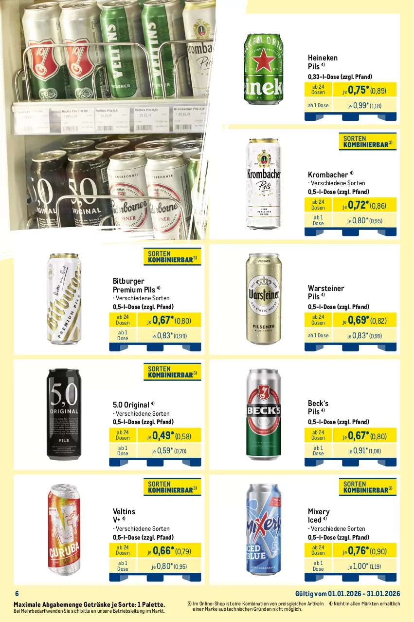 Aktueller Prospekt Metro - Monats-Mix - von 01.01 bis 31.01.2026 - strona 6 - produkty: bitburger, burger, desperados, eis, flasche, getränk, getränke, gin, heineken, karlsberg, karlsberg mixery, krombache, krombacher, Mixer, mixery, Palette, pils, pilsener, pilsner, pilsner urquell, premium pils, reis, steiner, tequila, Ti, veltins, warsteiner