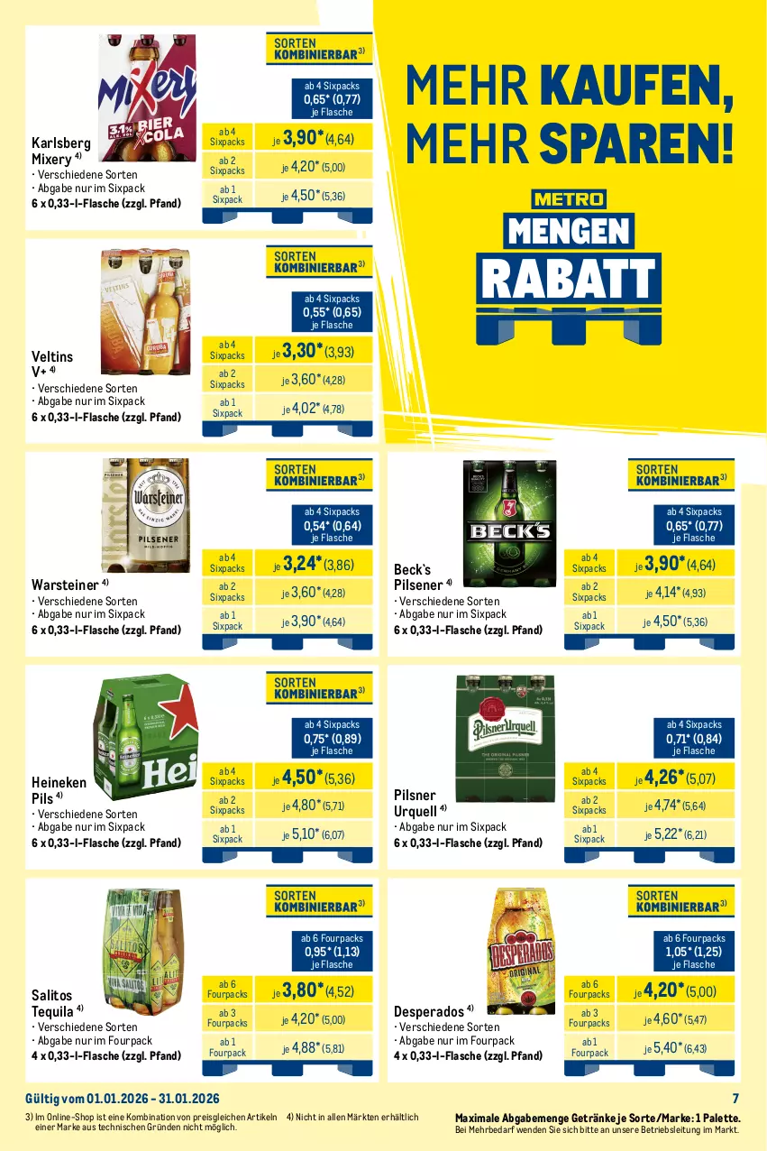 Aktueller Prospekt Metro - Monats-Mix - von 01.01 bis 31.01.2026 - strona 7 - produkty: bitburger, burger, desperados, eis, flasche, getränk, getränke, gin, heineken, karlsberg, karlsberg mixery, krombache, krombacher, Mixer, mixery, Palette, pils, pilsener, pilsner, pilsner urquell, premium pils, reis, steiner, tequila, Ti, veltins, warsteiner