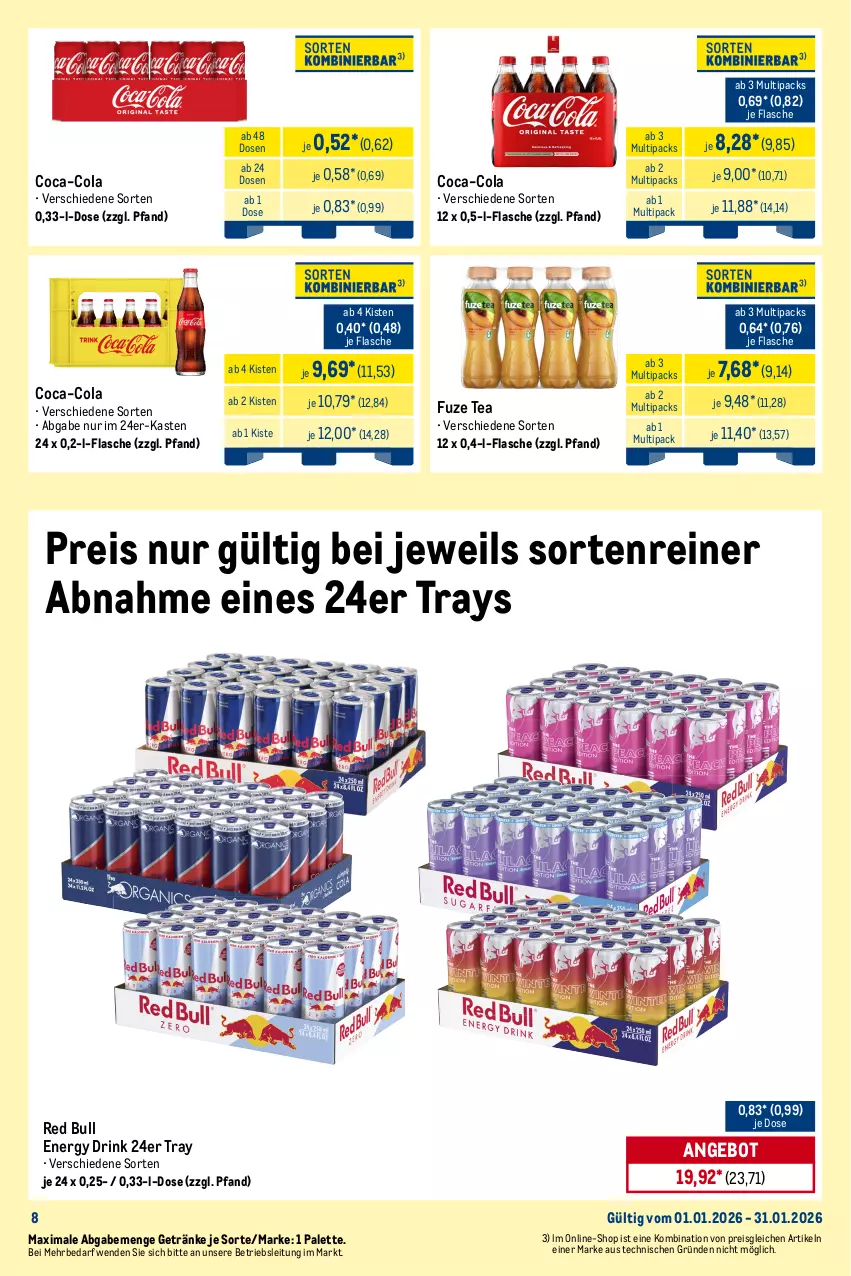 Aktueller Prospekt Metro - Monats-Mix - von 01.01 bis 31.01.2026 - strona 8 - produkty: adelholzener, angebot, coca-cola, cola, drink, durstlöscher, eis, eistee, energy drink, flasche, frucht, fruchtsaft, fruchtsaftgetränk, fuze tea, getränk, getränke, Holz, lipton, Palette, pfanne, Pfanner, red bull, reis, saft, tee, Ti, tiefpreis