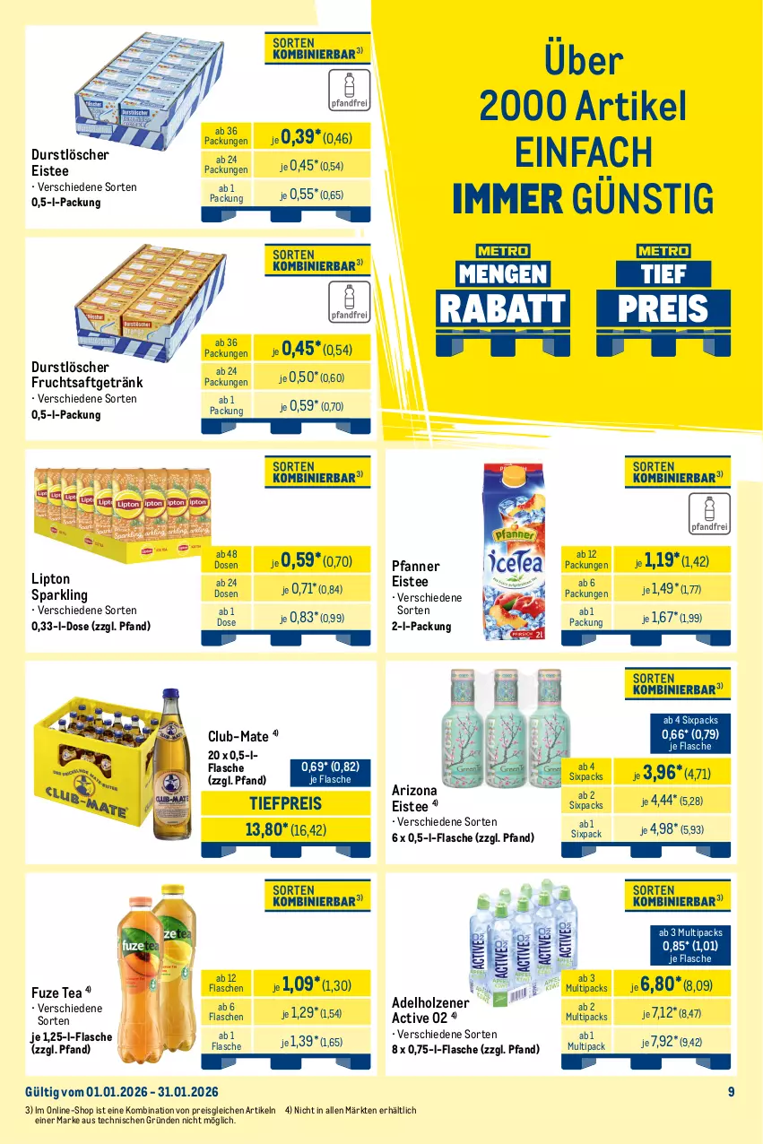 Aktueller Prospekt Metro - Monats-Mix - von 01.01 bis 31.01.2026 - strona 9 - produkty: adelholzener, angebot, coca-cola, cola, drink, durstlöscher, eis, eistee, energy drink, flasche, frucht, fruchtsaft, fruchtsaftgetränk, fuze tea, getränk, getränke, Holz, lipton, Palette, pfanne, Pfanner, red bull, reis, saft, tee, Ti, tiefpreis