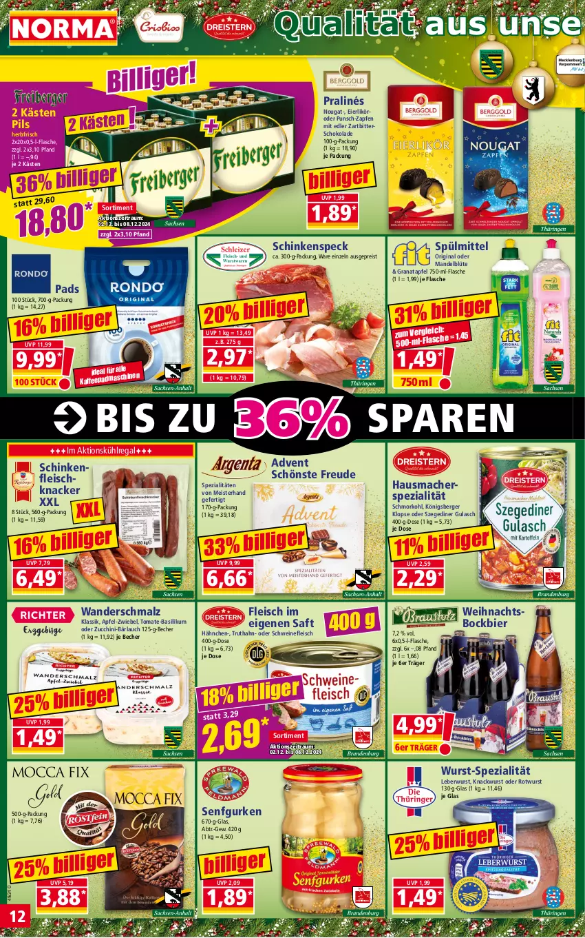 Aktueller Prospekt Norma - Norma - von 02.12 bis 09.12.2024 - strona 12 - produkty: apfel, basilikum, Becher, Berger, bier, Blüte, eier, eierlikör, eis, flasche, fleisch, gin, grana, granatapfel, gulasch, gurke, gurken, Hausmacher, knacker, Königsberger Klopse, kühlregal, leberwurst, likör, mac, malz, mandel, Meister, pils, Rana, regal, reis, Rotwurst, saft, schinken, schinkenspeck, Schmalz, schoko, schokolade, schwein, schweine, schweinefleisch, senf, Speck, Spezi, spülmittel, Ti, tomate, tomate-basilikum, truthahn, wein, weine, wurst, Zartbitterschokolade, zucchini, zwiebel