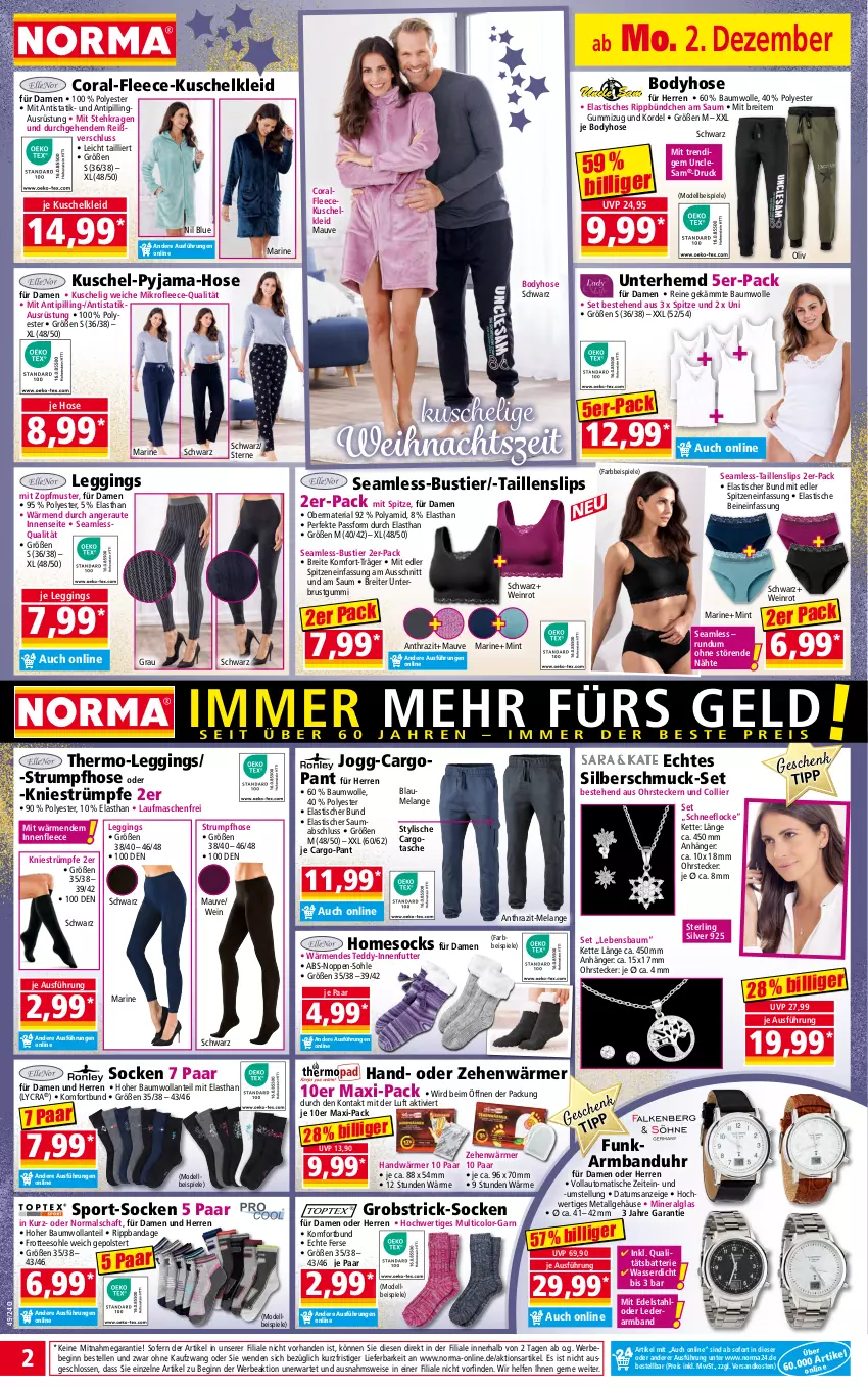 Aktueller Prospekt Norma - Norma - von 02.12 bis 09.12.2024 - strona 2 - produkty: Anhänger, Armband, Armbanduhr, asti, auto, batterie, Bau, baumwolle, Bebe, body, Brei, Coral, dell, edelstahl, eis, Elan, elle, gin, hemd, hose, Kette, kleid, Kuschelkleid, leggings, LG, mab, mint, Mode, ndk, obst, ohrstecker, Pyjama, reis, Ria, rum, Schmuck, slip, slips, socken, Spiele, Sport, Stier, strümpfe, Strumpfhose, Taillenslip, Tasche, tee, Ti, Tipi, tisch, uhr, Unterhemd, wasser, wein, wolle