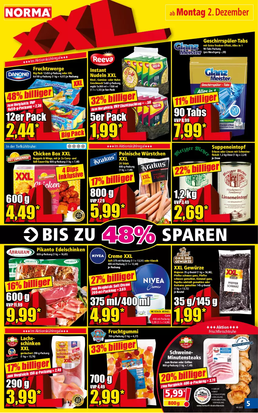 Aktueller Prospekt Norma - Norma - von 02.12 bis 09.12.2024 - strona 5 - produkty: auer, beutel, braten, creme, curry, dip, eintopf, eis, erbsen, fleisch, frucht, fruchtgummi, fruchtzwerge, geschirr, gewürz, grill, kühlregal, lachs, linsen, mac, minutensteaks, nudel, nudeln, nuggets, paprika, pfeffer, regal, rind, schinken, schwein, schweine, schweinefleisch, steak, steaks, suppe, suppen, Ti, topf, wein, weine, würstchen