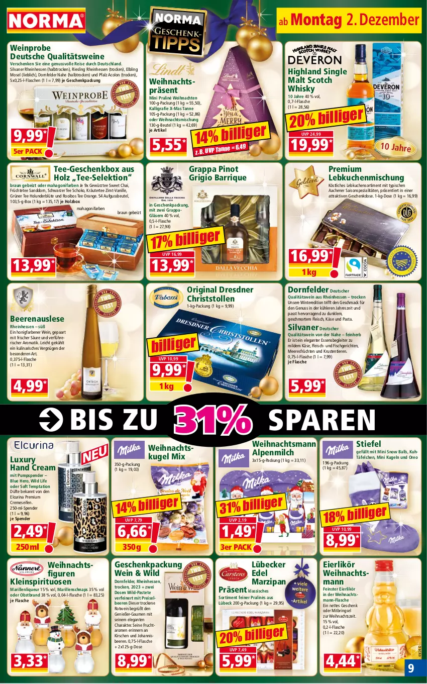 Aktueller Prospekt Norma - Norma - von 02.12 bis 09.12.2024 - strona 9 - produkty: alpenmilch, ball, beere, beeren, beutel, Blüte, braun, creme, cremeseife, dornfelder, eier, eierlikör, eis, fisch, flasche, fleisch, frucht, früchte, früchten, Früchtetee, Geschenkbox, geschenkpackung, gewürz, gin, Gläser, grappa, grüner tee, hero, holunder, holunderblüte, Holz, honig, johannisbeere, Johannisbeeren, Käse, kirsch, kirsche, kirschen, kräuter, kuchen, Kugel, Lebkuchen, likör, liqueur, Lübecker, mac, marzipan, meeresfrüchte, milch, nuss, obst, Obstbrand, orange, oreo, pasta, pastete, Pinot, pinot grigio, qualitätswein, qualitätsweine, reis, riesling, ring, rotwein, sanddorn, schoko, schwarzer tee, scotch, scotch whisky, Seife, silvaner, single malt, Spezi, spirituosen, Stollen, tee, Ti, Tiere, vanille, weihnachten, Weihnachtsfigur, wein, weine, whisky, Wild, ZTE