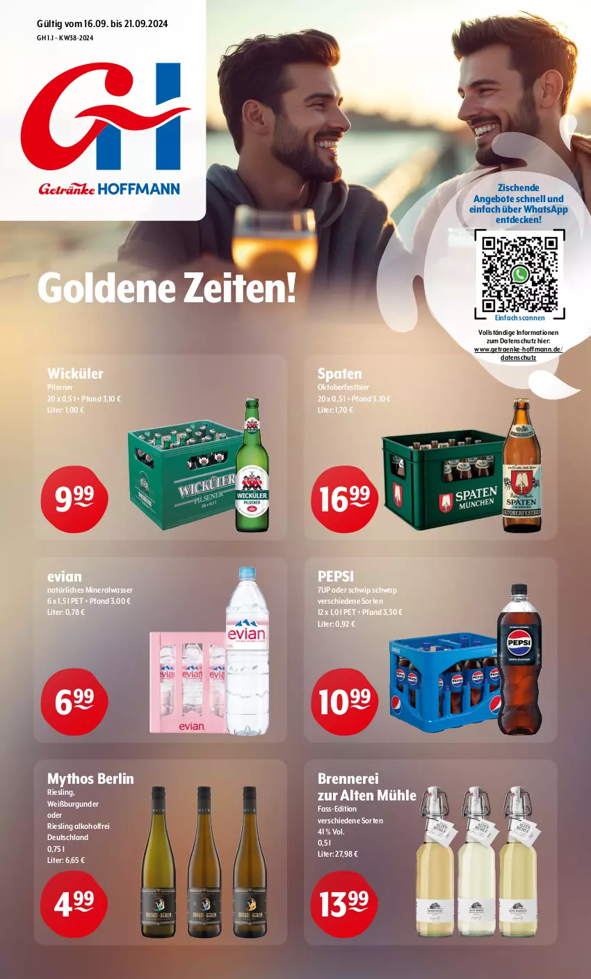 Aktueller Prospekt Getraenke Hoffmann - Prospekte - von 16.09 bis 21.09.2024 - strona 1 - produkty: 7UP, alkohol, Alwa, angebot, angebote, bier, burgunder, decke, mineralwasser, Mythos, natürliches mineralwasser, pepsi, pils, pilsener, riesling, Schwip Schwap, Spaten, Ti, wasser, Weißburgunder, WICK