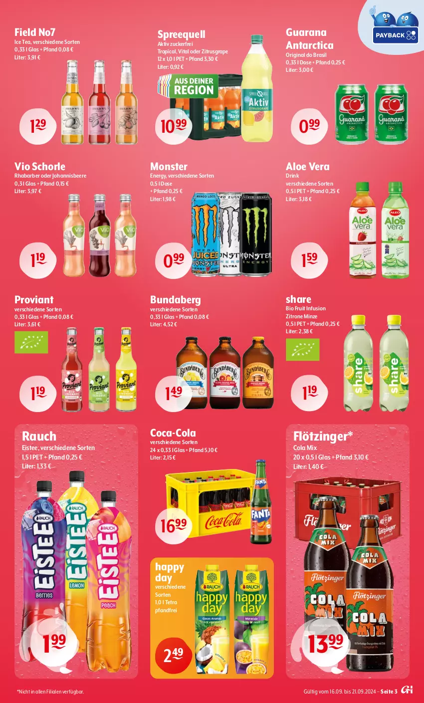 Aktueller Prospekt Getraenke Hoffmann - Prospekte - von 16.09 bis 21.09.2024 - strona 3 - produkty: aloe vera, beere, bio, Bundaberg, coca-cola, cola, drink, eis, eistee, gin, Happy Day, ice tea, johannisbeere, minze, monster, Monster Energy, Proviant, Rana, Rauch, rhabarber, schorle, Spreequell, tee, Ti, vita, zitrone, zucker