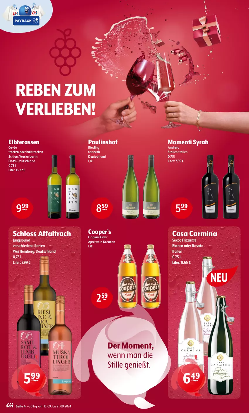 Aktueller Prospekt Getraenke Hoffmann - Prospekte - von 16.09 bis 21.09.2024 - strona 4 - produkty: apfel, apfelwein, cider, cuvée, ecco, frizzante, gin, Momenti Syrah, riesling, rosato, Ti, wein