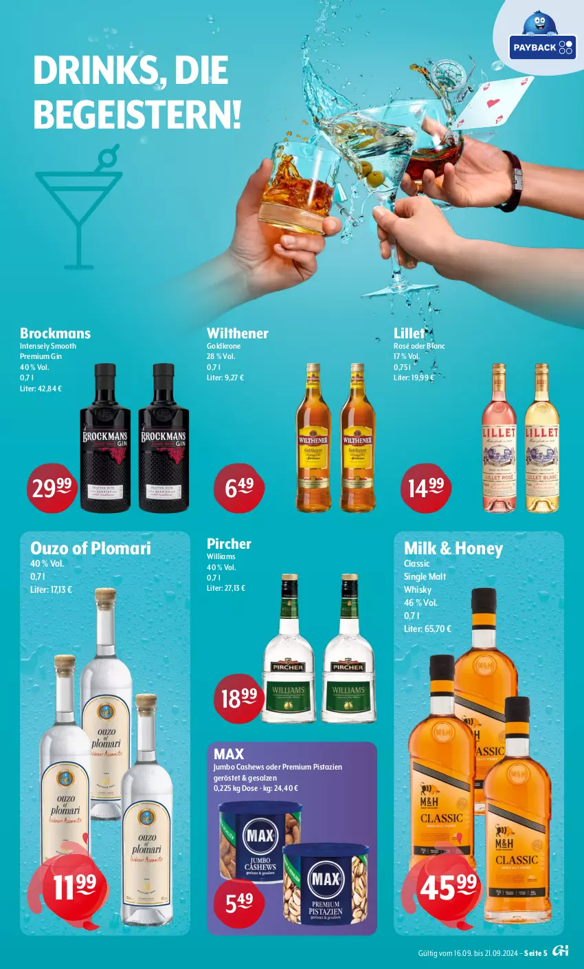 Aktueller Prospekt Getraenke Hoffmann - Prospekte - von 16.09 bis 21.09.2024 - strona 5 - produkty: Brock, Cashew, drink, drinks, eis, gin, goldkrone, jumbo, krone, lillet, ouzo, pircher, pistazien, salz, single malt, Ti, whisky, wilthener