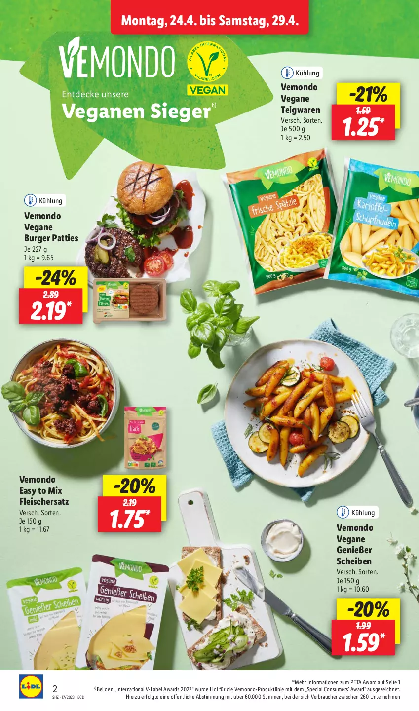 Aktueller Prospekt Lidl - Aktionsprospekt - von 24.04 bis 29.04.2023 - strona 2 - produkty: burger, decke, eis, fleisch, LG, Rauch, teigwaren, Ti