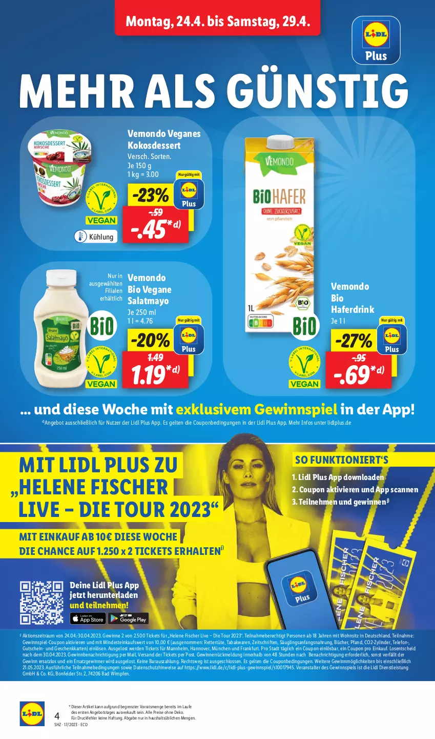 Aktueller Prospekt Lidl - Aktionsprospekt - von 24.04 bis 29.04.2023 - strona 4 - produkty: angebot, Bad, bio, coupon, dessert, drink, drucker, eis, Engel, erde, fisch, fische, Fischer, gewinnspiel, gutschein, hafer, Haferdrink, kerze, kokos, papier, reis, salat, telefon, Ti, Tüte, Yo, ZTE