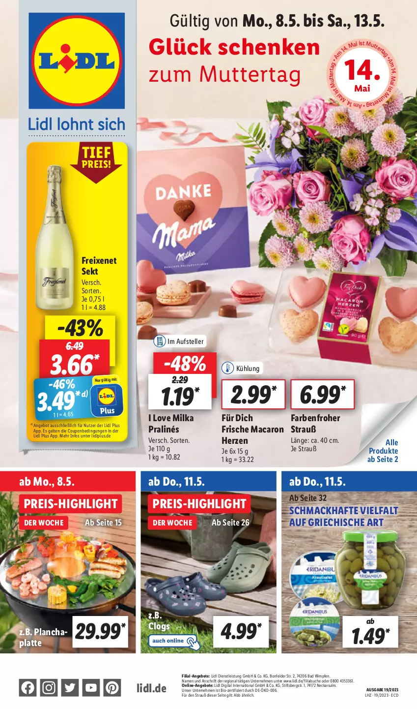 Aktueller Prospekt Lidl - Aktionsprospekt - von 08.05 bis 13.05.2023 - strona 1 - produkty: angebot, angebote, Bad, bio, Clogs, coupon, eis, elle, freixenet, latte, mac, milka, reis, sekt, teller, Ti