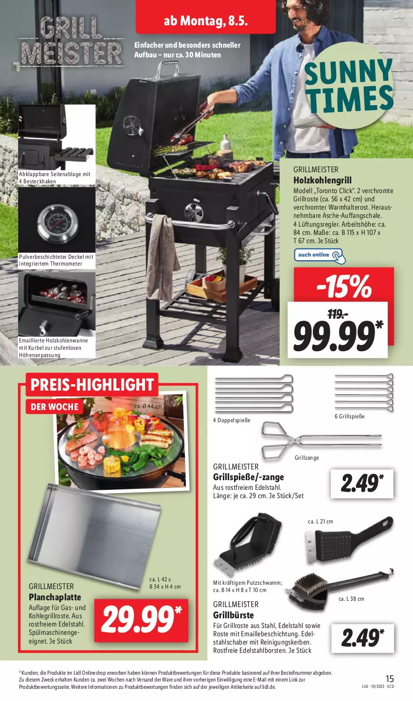 Aktueller Prospekt Lidl - Aktionsprospekt - von 08.05 bis 13.05.2023 - strona 19 - produkty: Bau, besteck, bürste, decke, Deckel, dell, edelstahl, eis, elle, grill, grillrost, Grillspieße, grillzange, Holz, holzkohle, Kohlegrill, latte, maille, Meister, Mode, Reinigung, reis, Schal, Schale, schwamm, spülmaschinen, thermometer, Ti, Wanne, weck