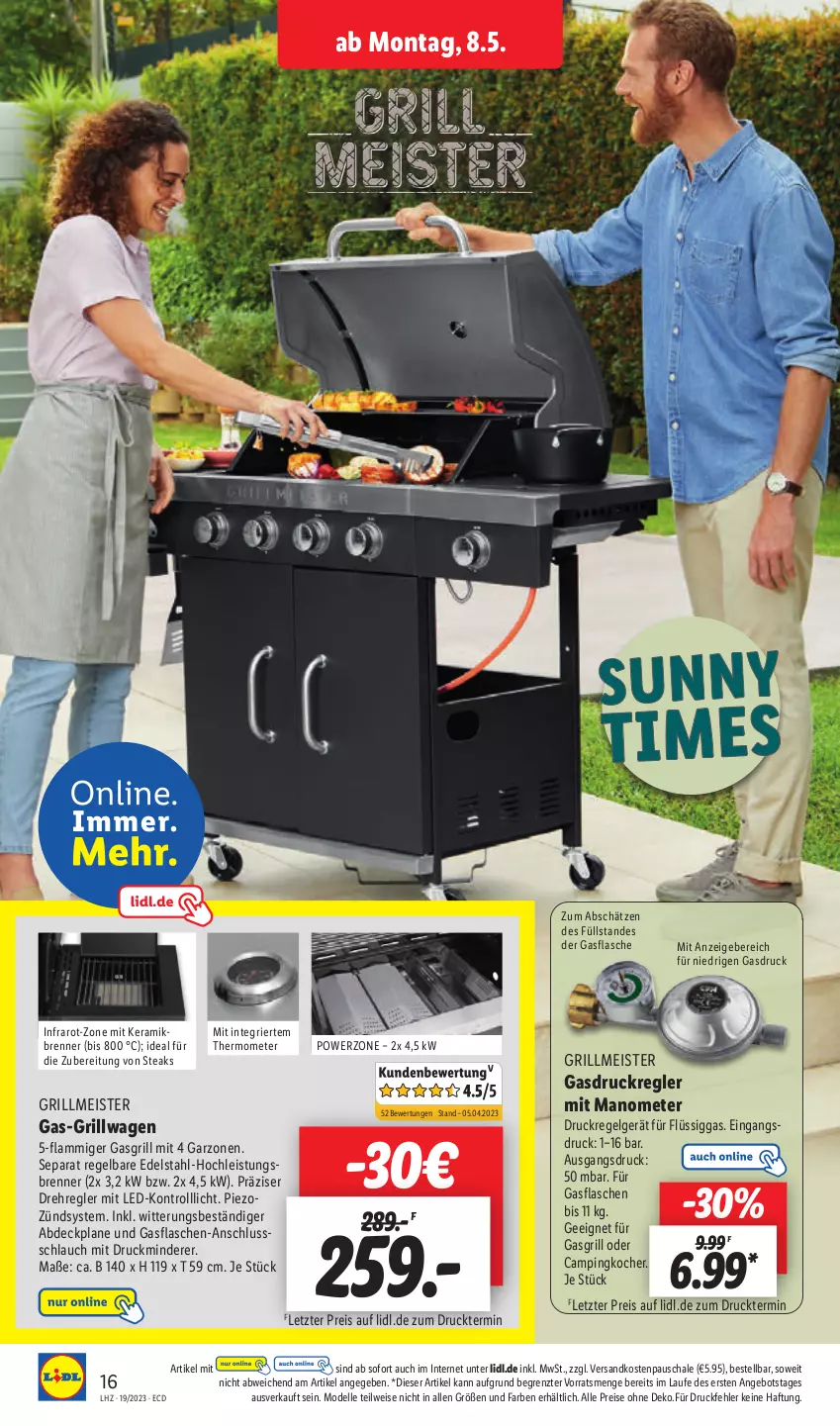 Aktueller Prospekt Lidl - Aktionsprospekt - von 08.05 bis 13.05.2023 - strona 20 - produkty: abdeckplane, angebot, dell, edelstahl, eis, elle, flasche, gasflaschen, gasgrill, grill, Kocher, lamm, LG, Meister, Mode, ndk, reis, Schal, Schale, schlauch, steak, steaks, thermometer, Ti, ZTE