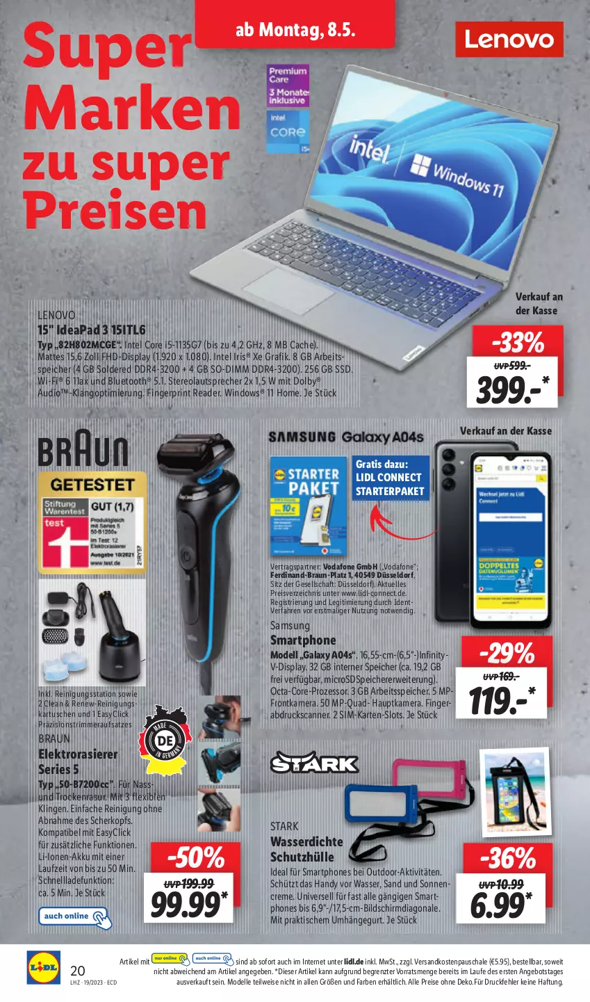 Aktueller Prospekt Lidl - Aktionsprospekt - von 08.05 bis 13.05.2023 - strona 24 - produkty: akku, angebot, braun, creme, dell, eis, Elektro, elle, frontkamera, Handy, hauptkamera, Intel, kamera, lautsprecher, lenovo, microsd, Mode, ndk, quad, rasierer, Reinigung, reis, rwe, Samsung, Scanner, Schal, Schale, schnellladefunktion, schutzhülle, sim, smartphone, smartphones, sonnencreme, ssd, Ti, tisch, vodafone, wasser, ZTE