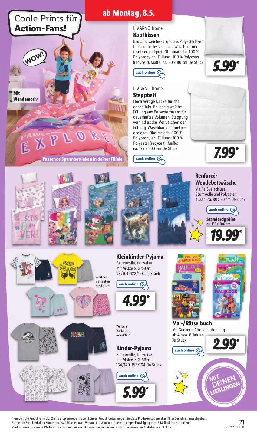 Aktueller Prospekt Lidl - Aktionsprospekt - von 08.05 bis 13.05.2023 - strona 25 - produkty: auer, Bau, baumwolle, bett, bettwäsche, buch, decke, eis, Ergee, Kinder, kissen, kopfkissen, Pyjama, Ria, spannbettlaken, steppbett, Ti, Trockner, weck, wendebettwäsche, wolle