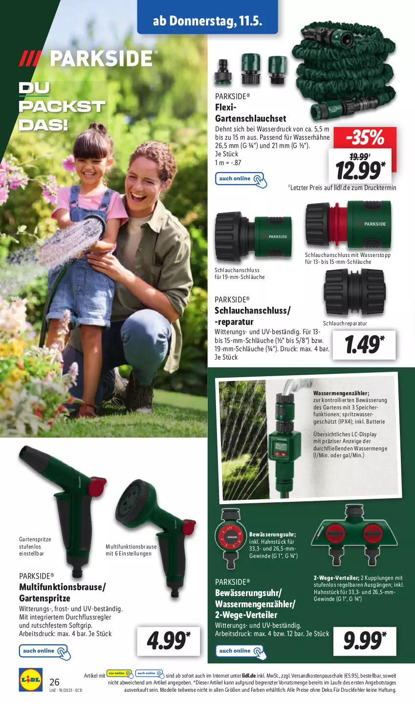 Aktueller Prospekt Lidl - Aktionsprospekt - von 08.05 bis 13.05.2023 - strona 30 - produkty: angebot, batterie, brause, dell, eis, elle, Garten, gartenschlauch, Mode, ndk, Parkside, reis, Schal, Schale, schlauch, schläuche, Ti, trolli, uhr, wasser, ZTE