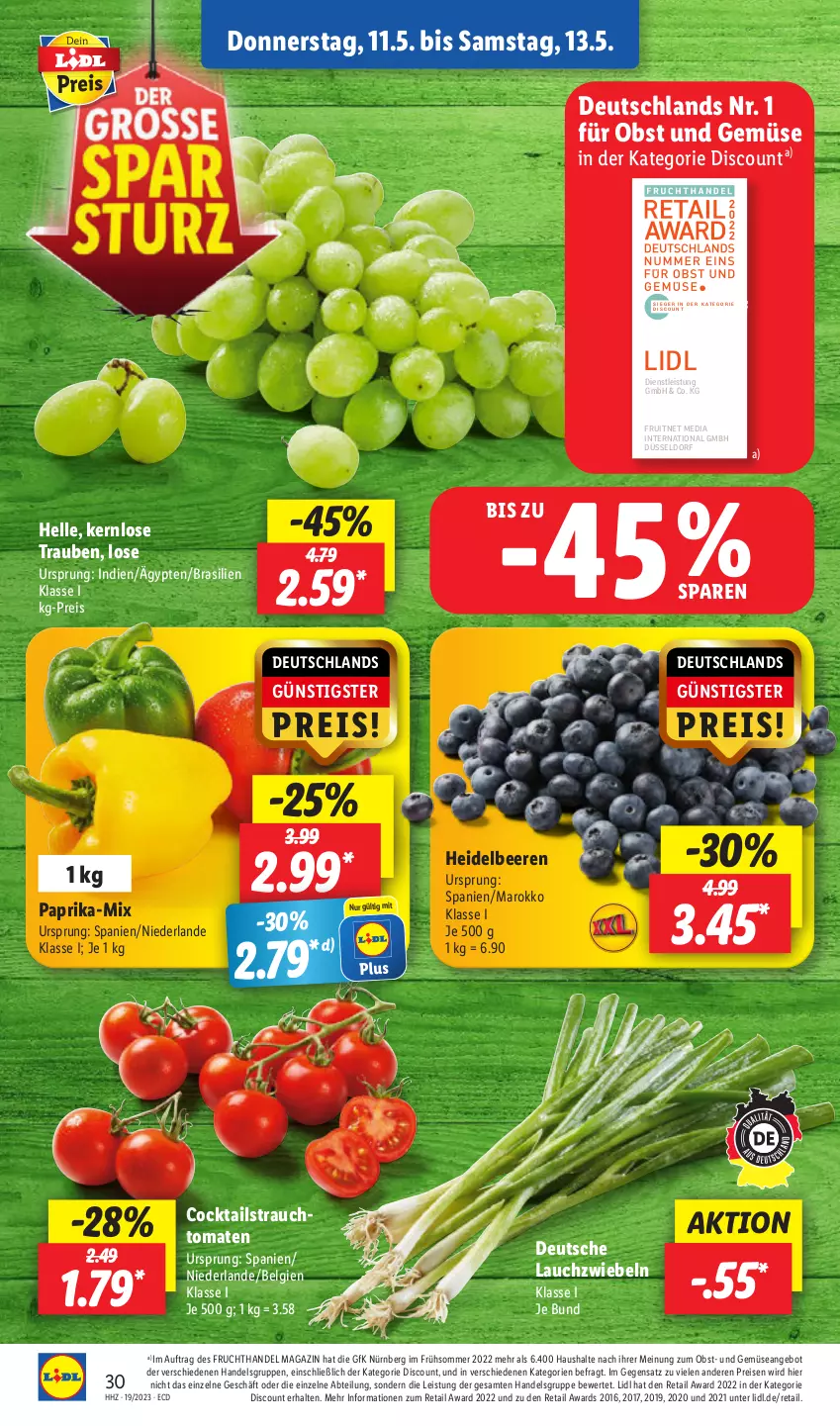 Aktueller Prospekt Lidl - Aktionsprospekt - von 08.05 bis 13.05.2023 - strona 34 - produkty: Abtei, angebot, beere, beeren, cocktail, cocktails, discount, eis, elle, ente, frucht, heidelbeere, heidelbeeren, Lauchzwiebel, lauchzwiebeln, LG, magazin, obst, Obst und Gemüse, paprika, Rauch, reis, Ti, tomate, tomaten, trauben, und gemüse, zwiebel, zwiebeln