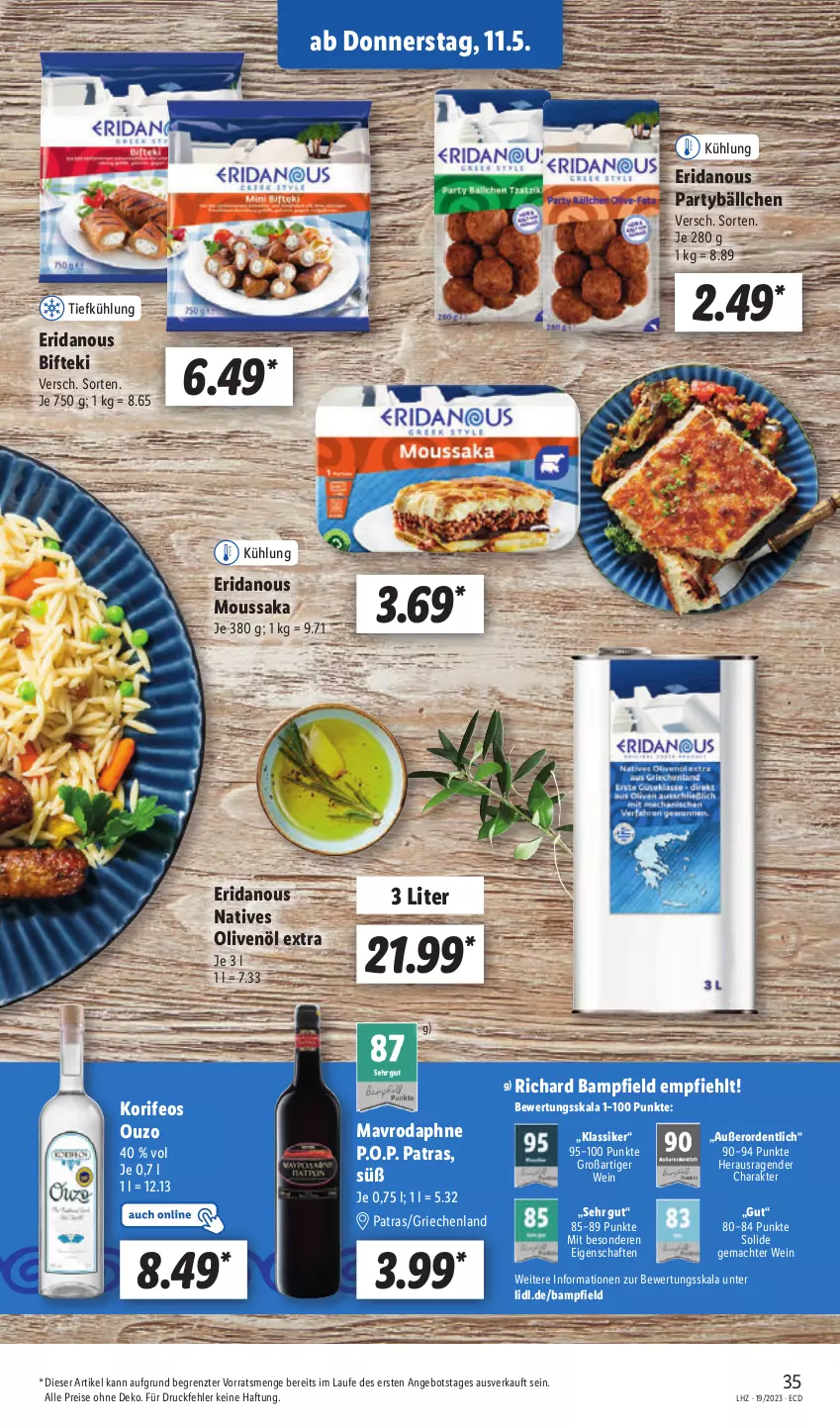 Aktueller Prospekt Lidl - Aktionsprospekt - von 08.05 bis 13.05.2023 - strona 39 - produkty: angebot, Bifteki, eis, mac, Moussaka, natives olivenöl, olive, oliven, olivenöl, olivenöl extra, ouzo, reis, Ti, wein, ZTE